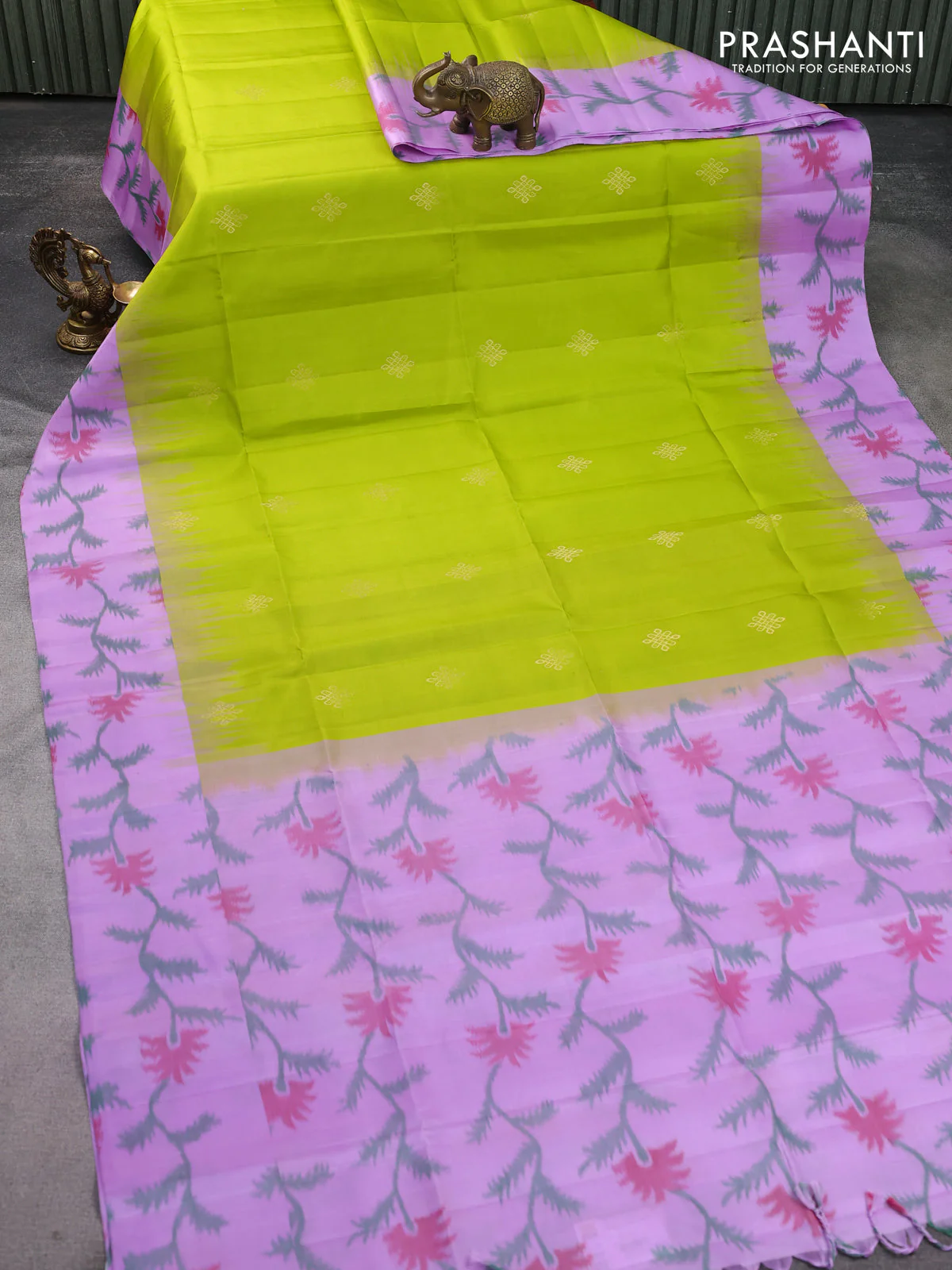 Ikat soft silk saree lime green and lavender with zari woven buttas and ikat style border - Image 2