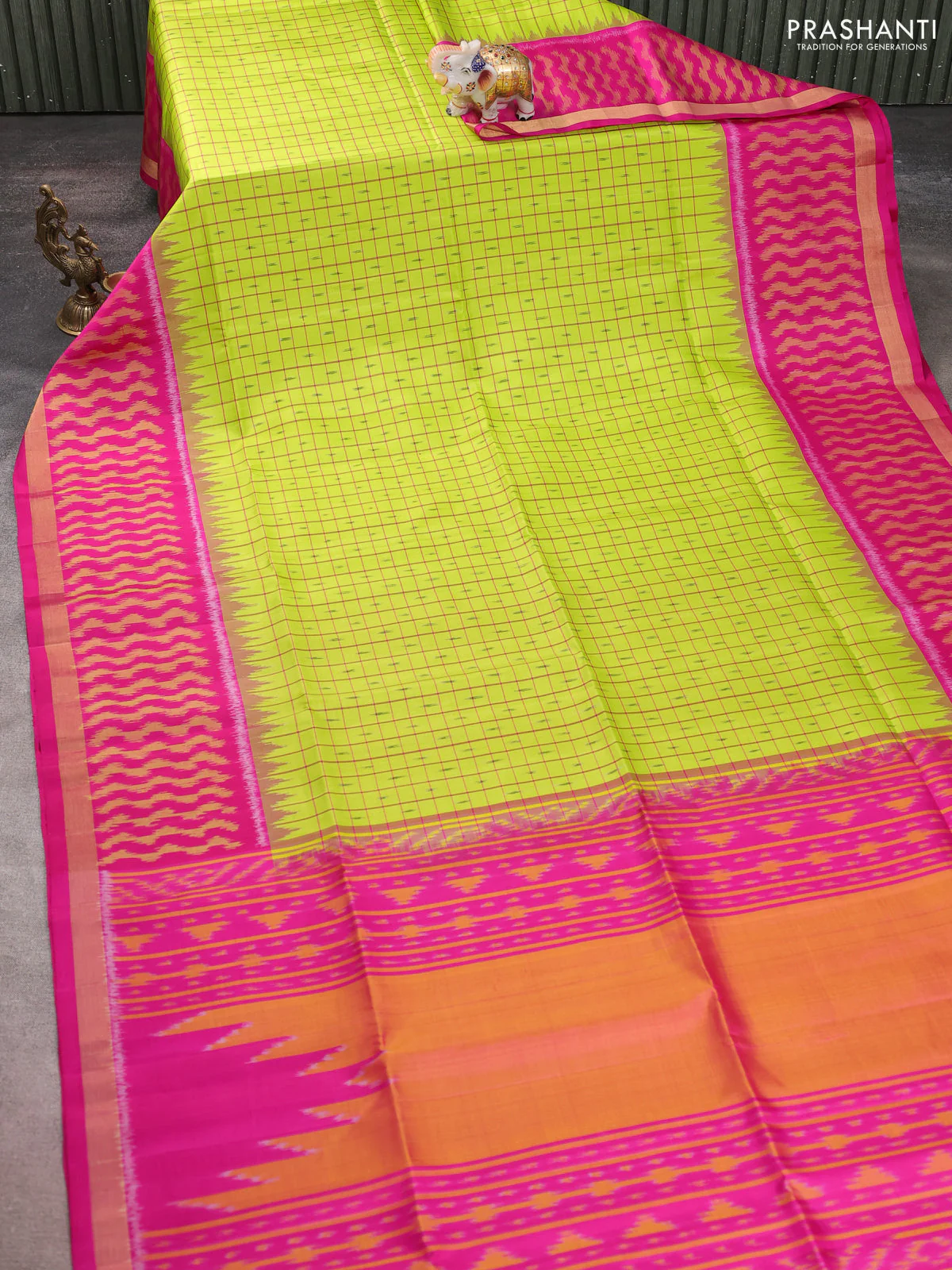 Ikat soft silk saree lime green and pink with allover checks & ikat butta weaves and long temple ikat woven zari border - Image 2