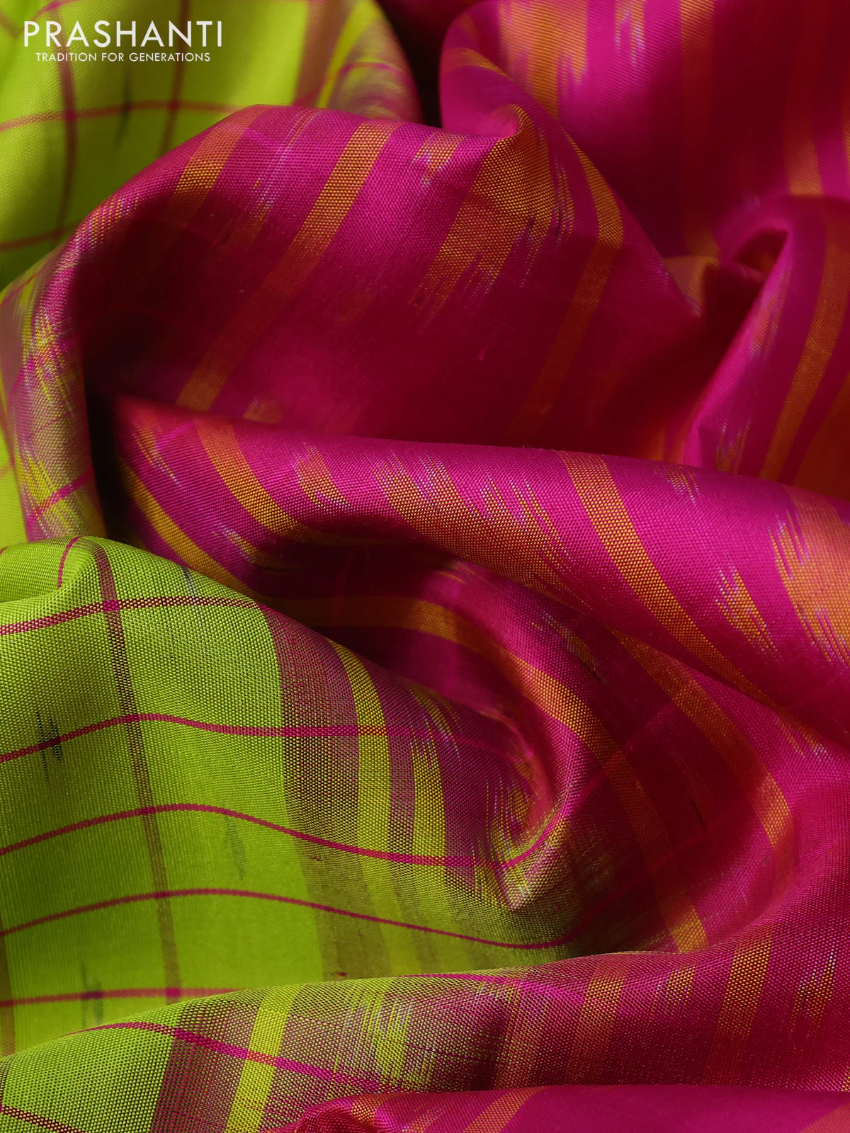 Ikat soft silk saree lime green and pink with allover checks & ikat butta weaves and long temple ikat woven zari border - Image 3