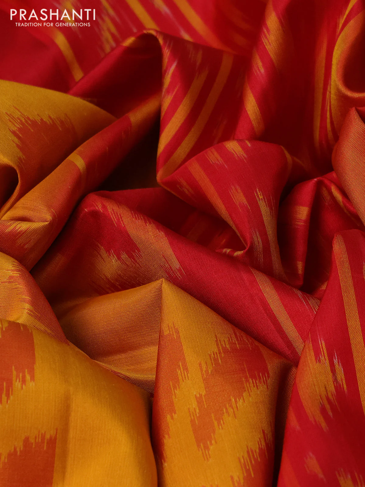 Ikat soft silk saree mustard yellow and red with allover ikat butta weaves and long ikat woven zari border - Image 3
