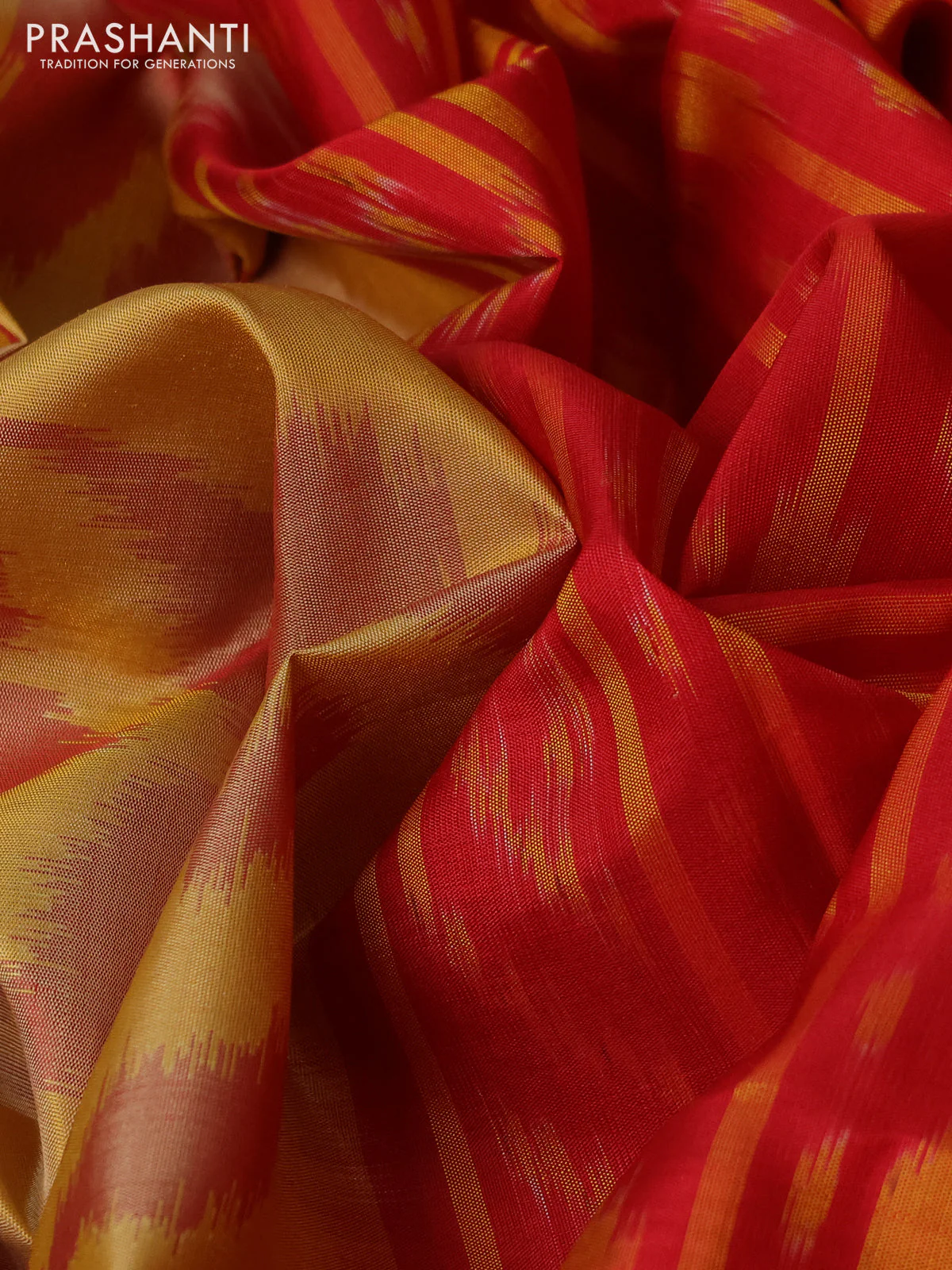 Ikat soft silk saree mustard yellow and red with allover ikat butta weaves and long ikat woven zari border - Image 3