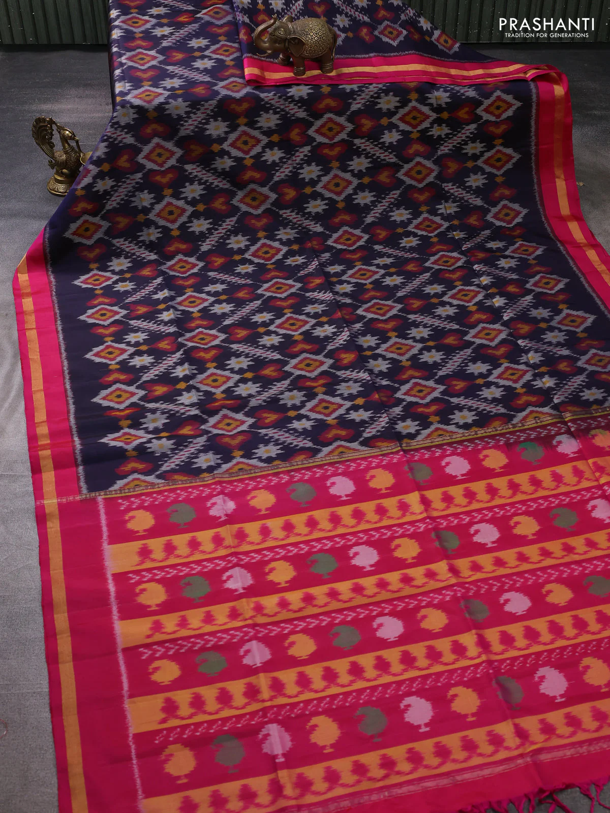 Ikat soft silk saree navy blue and pink with allover ikat weaves and zari woven border - Image 2