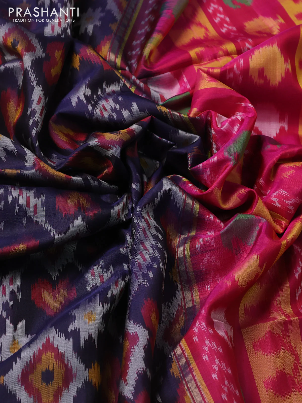Ikat soft silk saree navy blue and pink with allover ikat weaves and zari woven border - Image 3