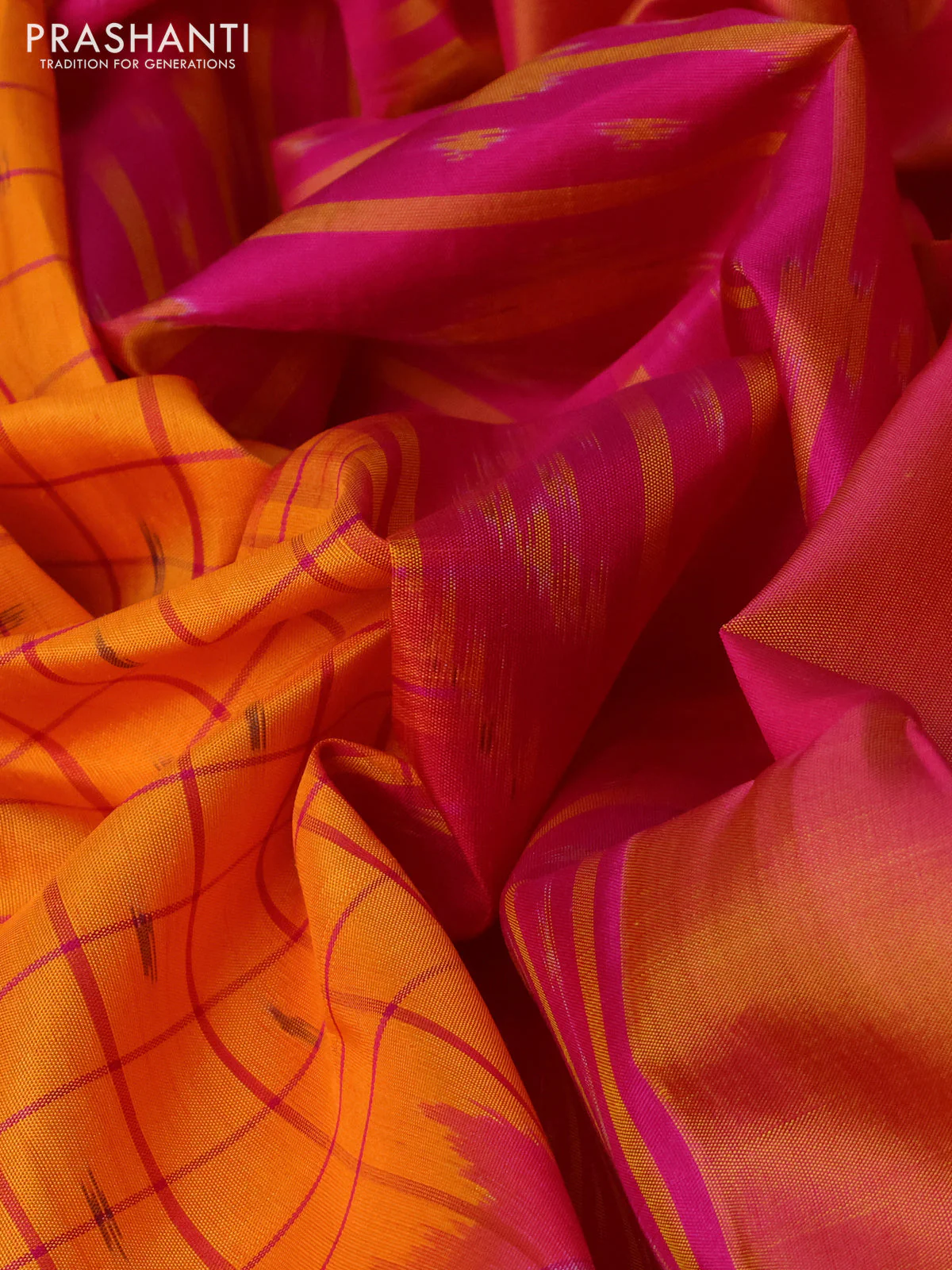 Ikat soft silk saree orange and pink with allover checks & ikat weaves and long ikat woven zari border - Image 3