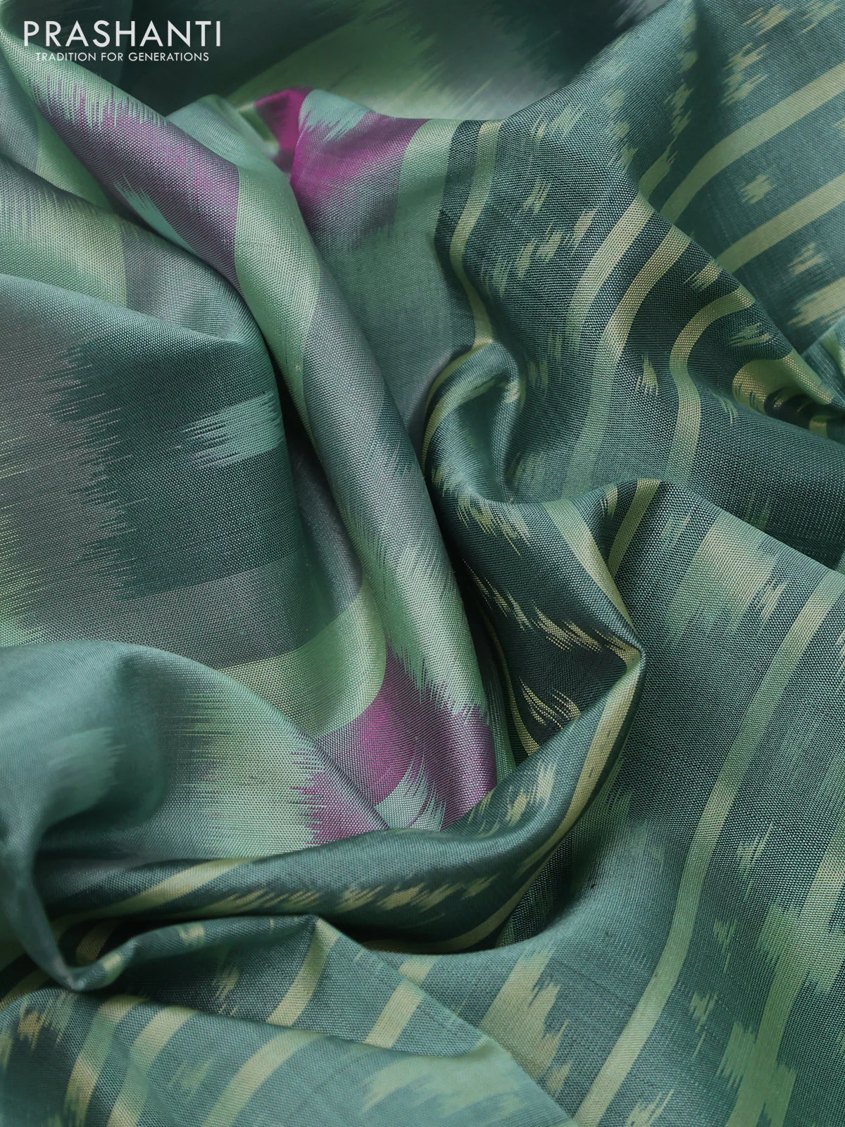 Ikat soft silk saree pastel green with allover ikat weaves and zari woven border - Image 3