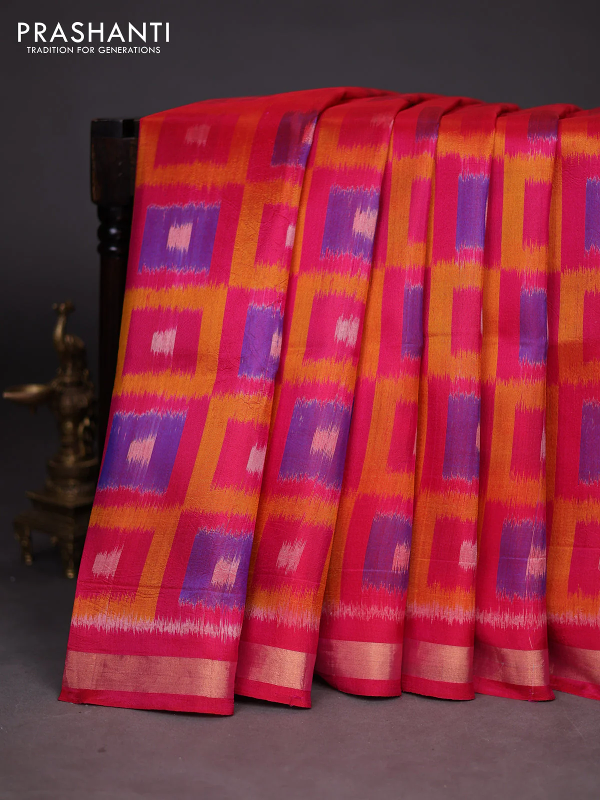 Ikat soft silk saree pink and mango yellow with allover ikat weaves and zari woven border - Image 2