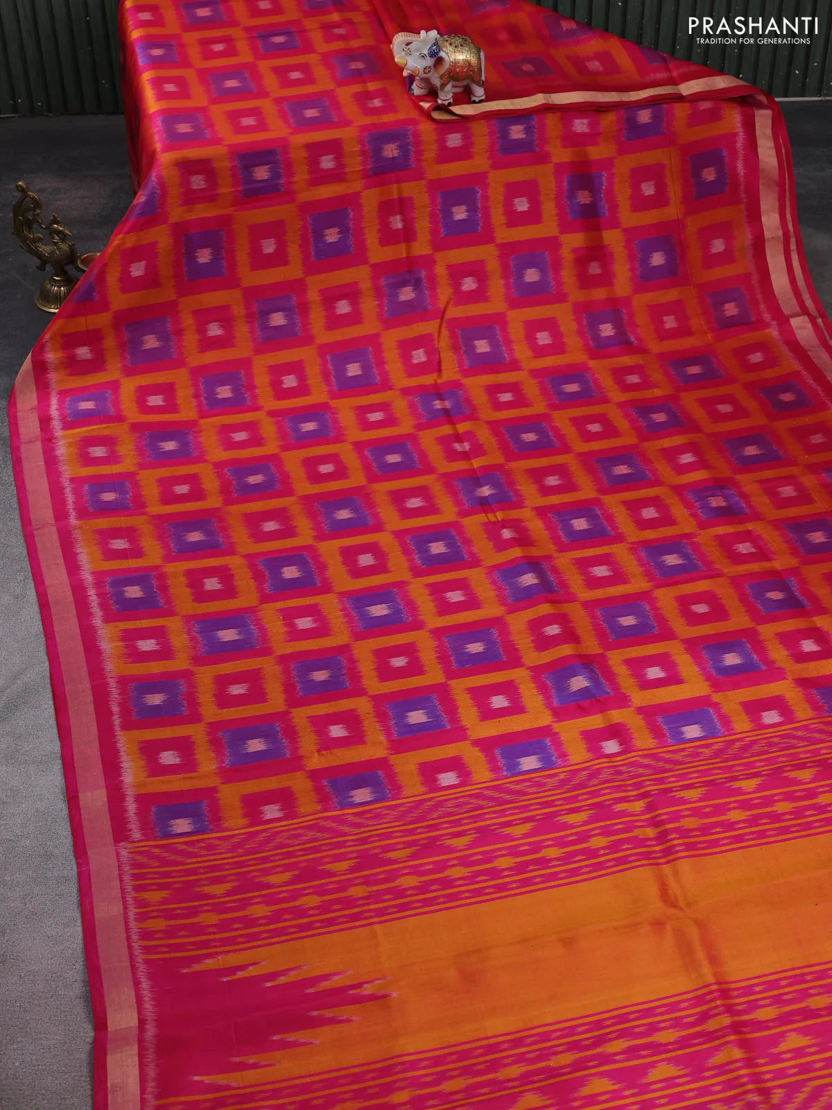 Ikat soft silk saree pink and mango yellow with allover ikat weaves and zari woven border - Image 3