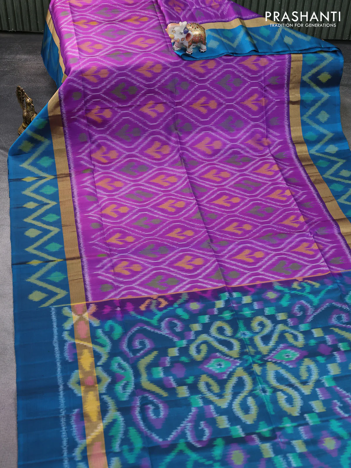 Ikat soft silk saree purple and peacock green with zari woven buttas and zari woven simple border - Image 2