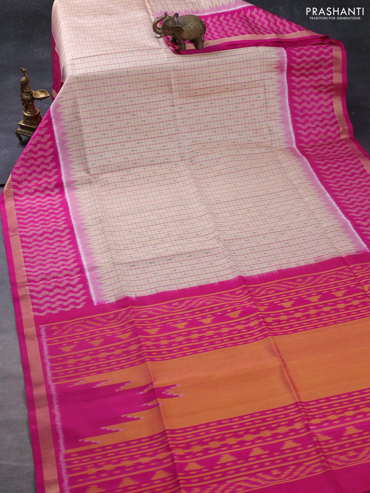 Ikat soft silk saree sandal and pink with allover checks & ikat weaves and long ikat woven zari border - Image 2