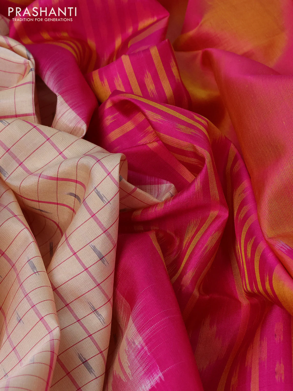 Ikat soft silk saree sandal and pink with allover checks & ikat weaves and long ikat woven zari border - Image 3