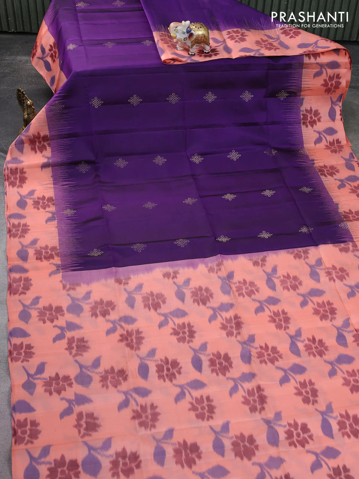 Ikat soft silk saree violet and peach shade with zari woven buttas and ikat style border - Image 2