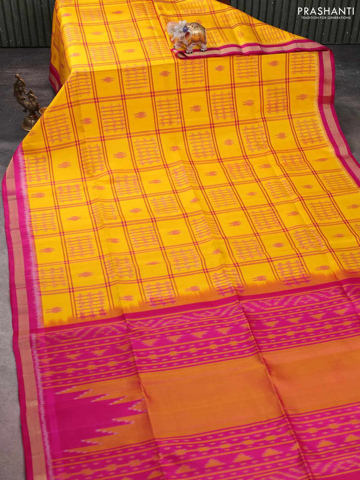 Ikat soft silk saree yellow and pink with allover checks & ikat butta weaves and zari woven border - Image 2
