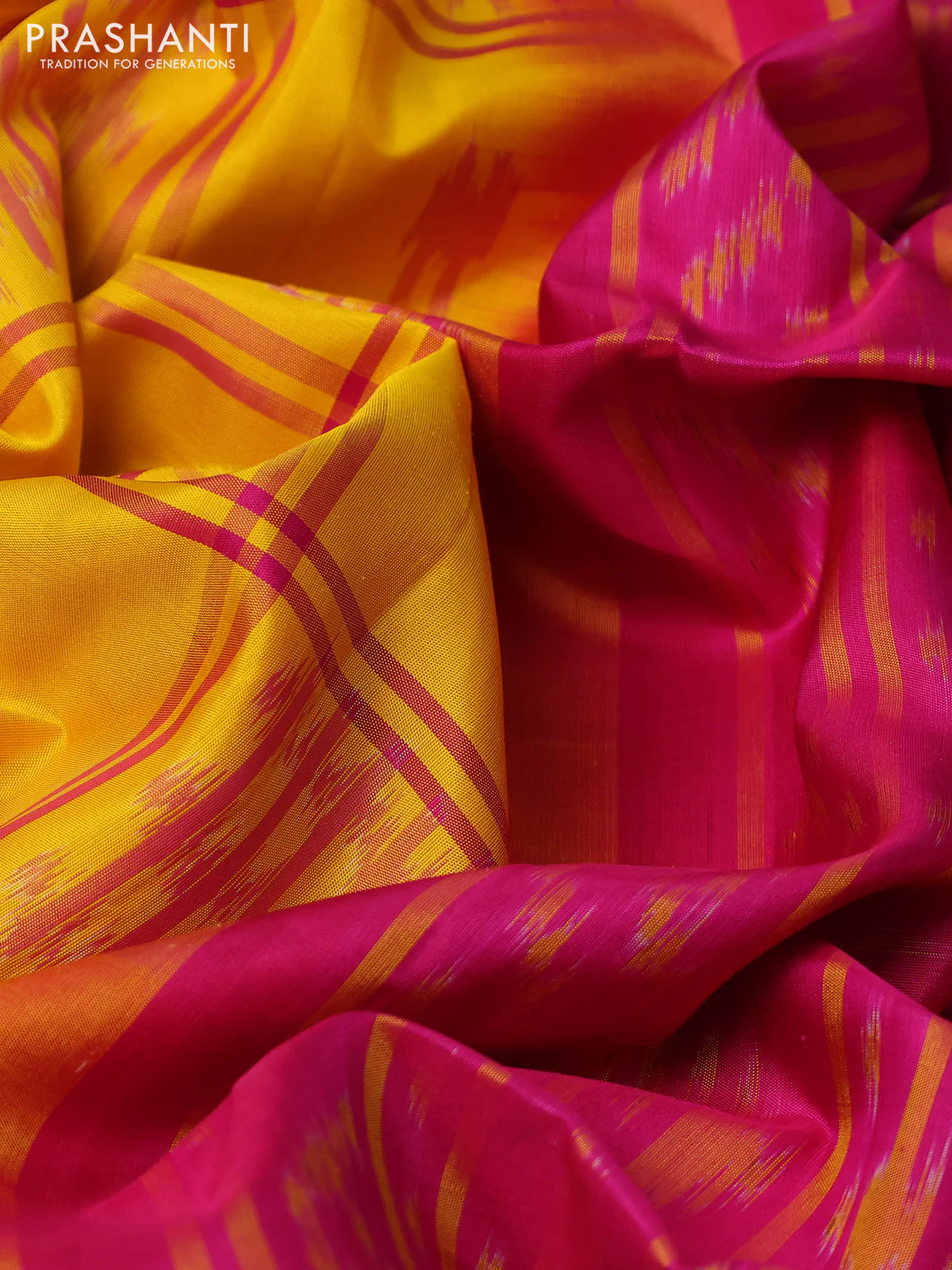 Ikat soft silk saree yellow and pink with allover checks & ikat butta weaves and zari woven border - Image 3