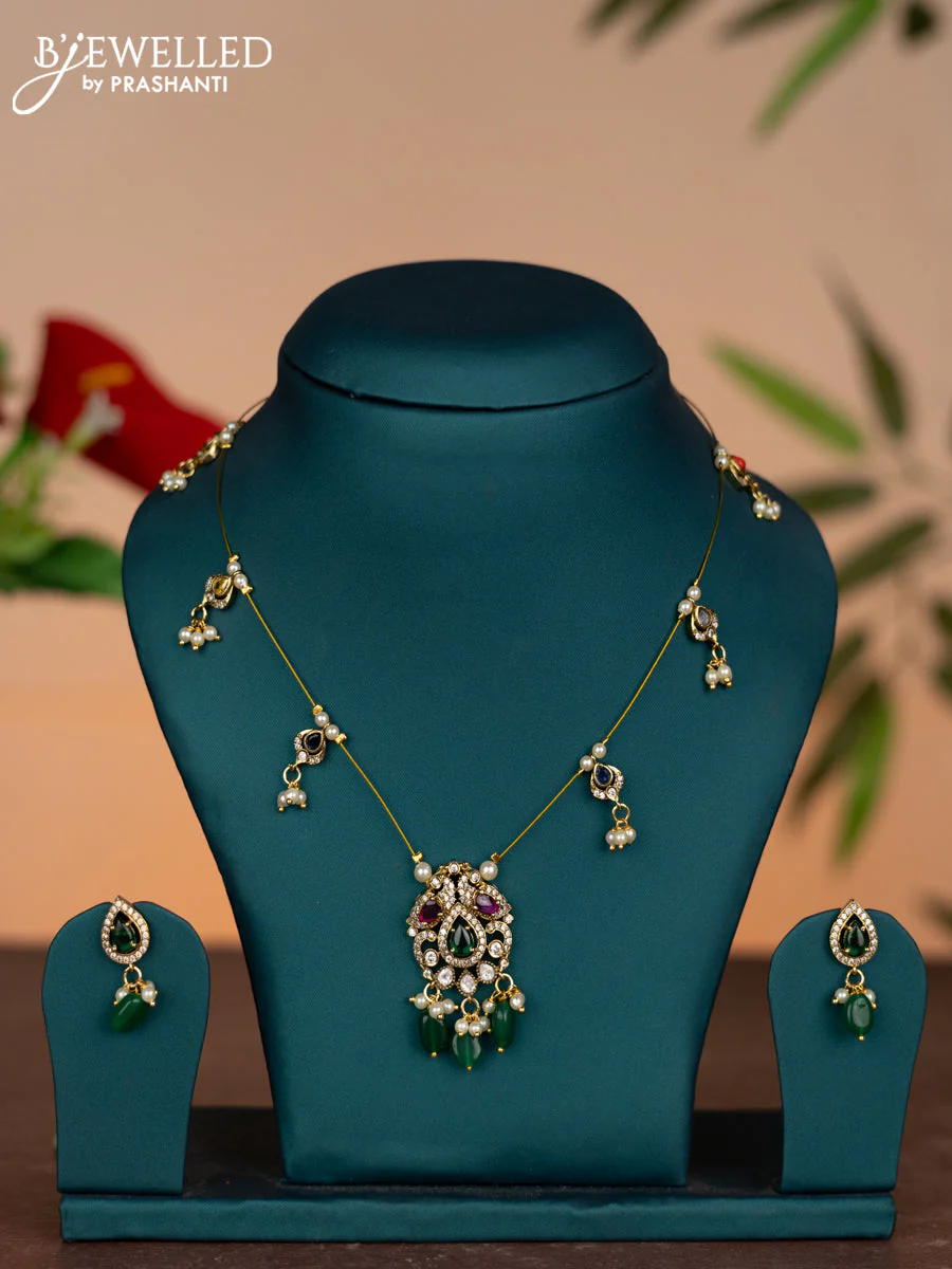 Invisible chain elephant design with multicolour & cz stones and pearl & green beads hangings