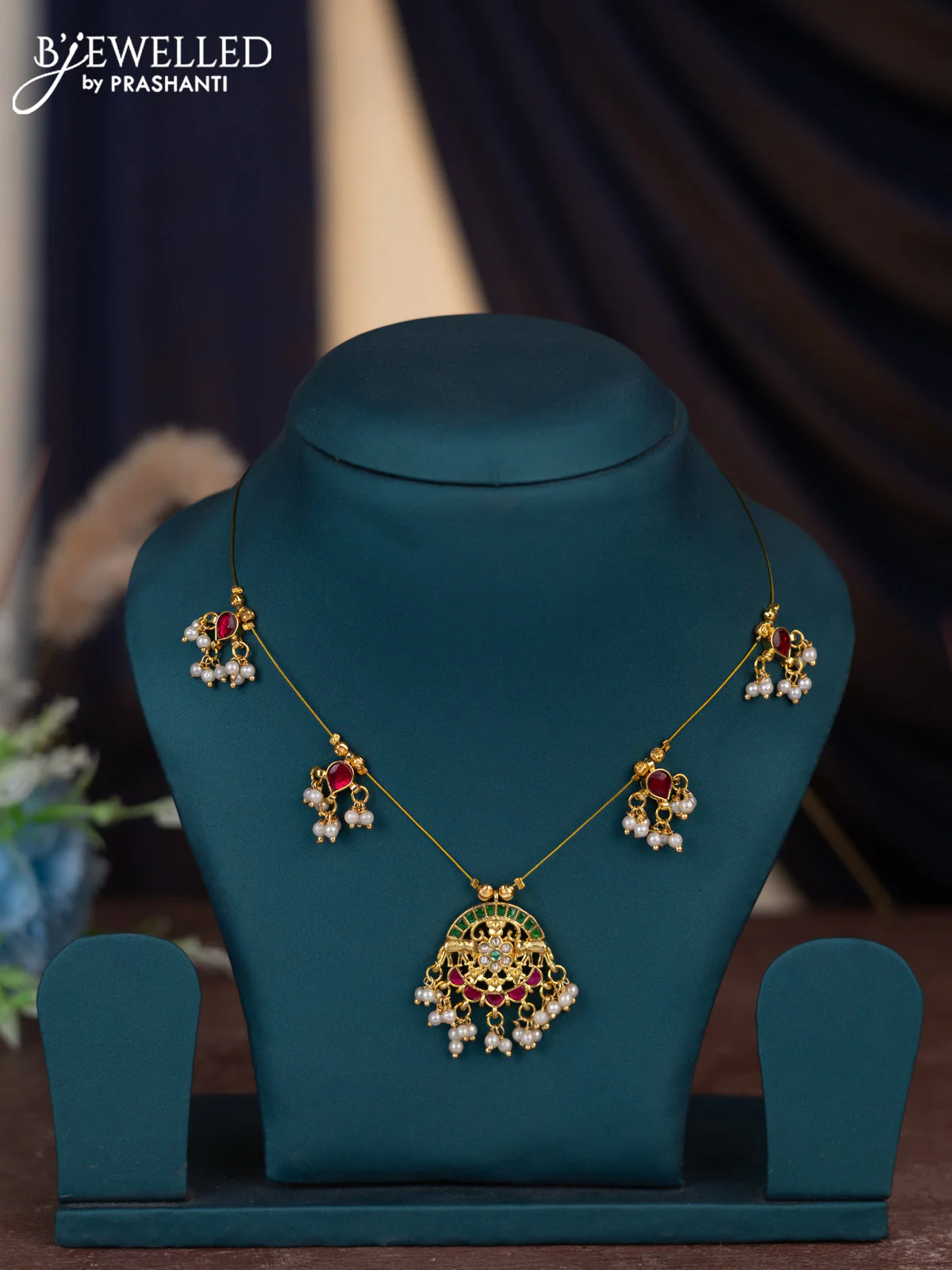 Invisible chain floral design with jadau kemp stones and pearl hangings without earring