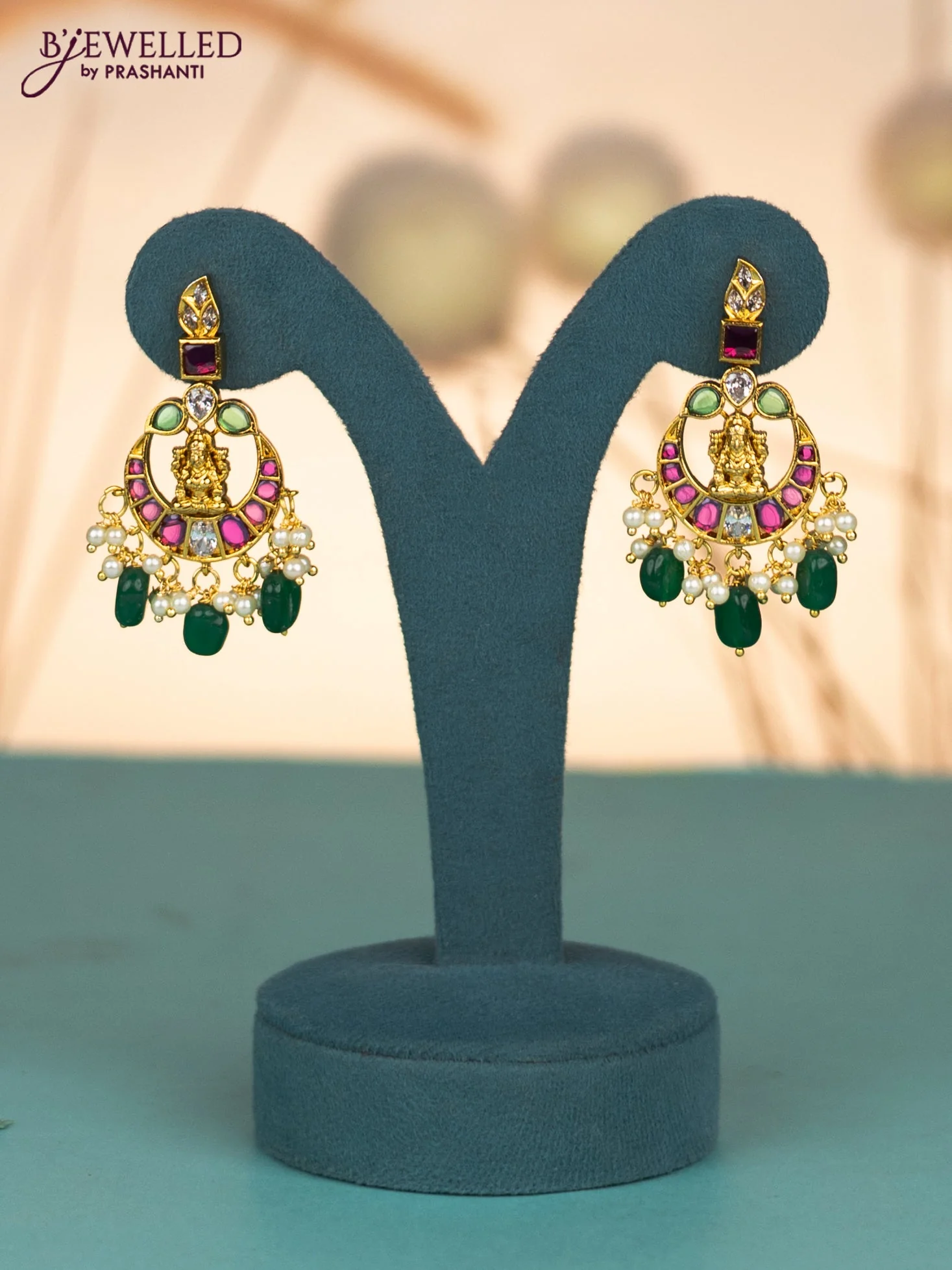 Invisible chain lakshmi design with kemp & cz stones and pearl & green beads hangings - Image 2