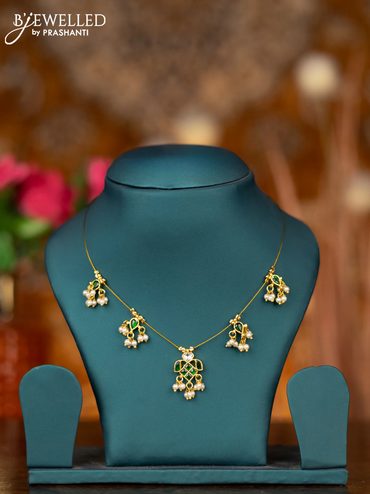 Invisible chain with emerald jadau kundan stones and pearl hangings without earring