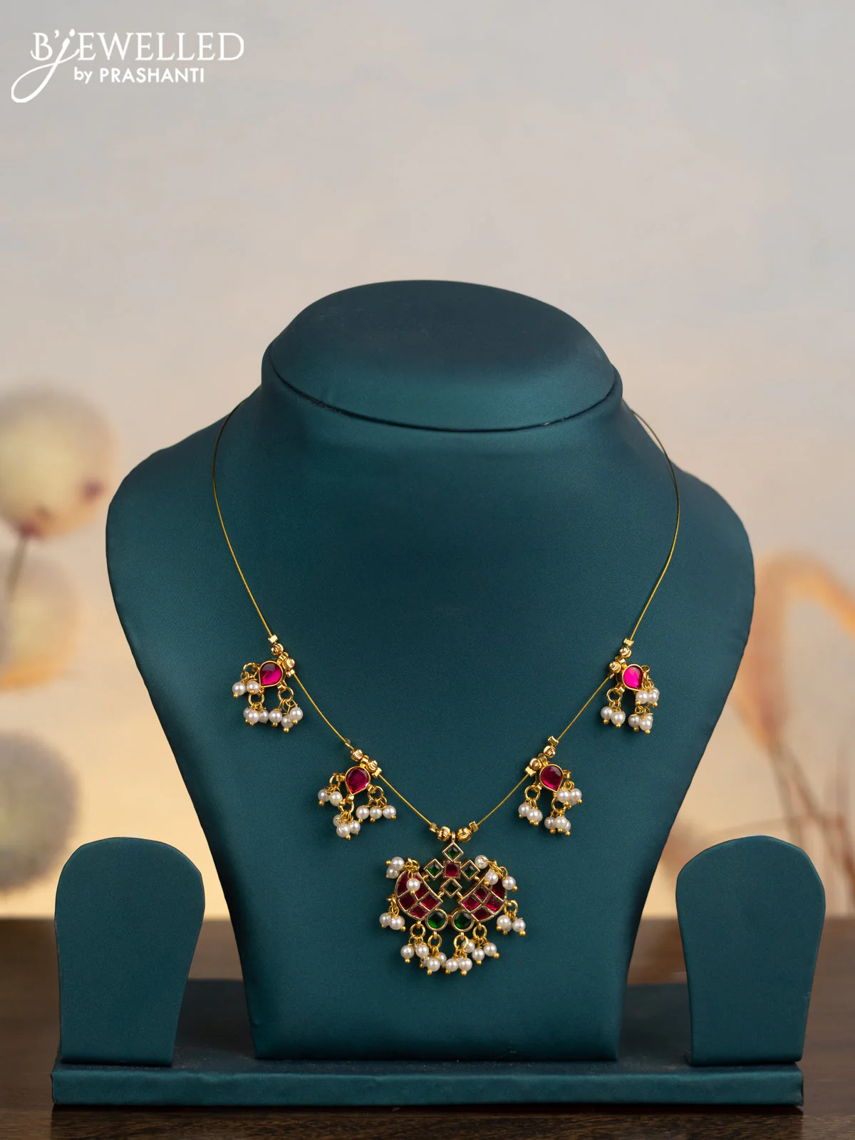 Invisible chain with kemp jadau stones and pearl hangings without earrings