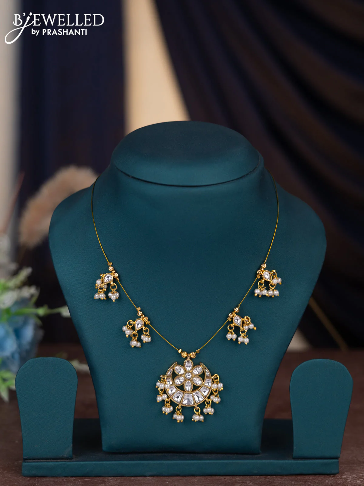 Invisible chain with kundan stones and pearl hangings without earring