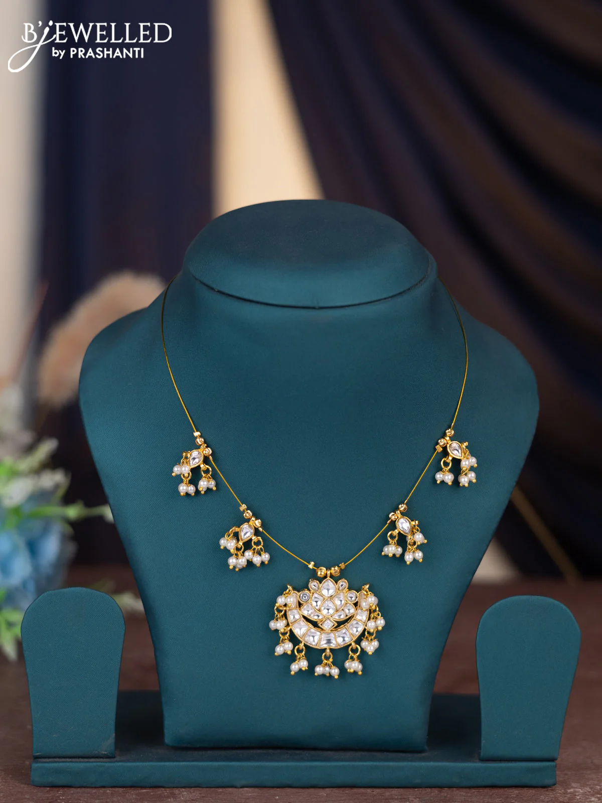 Invisible chain with kundan stones and pearl hangings without earring