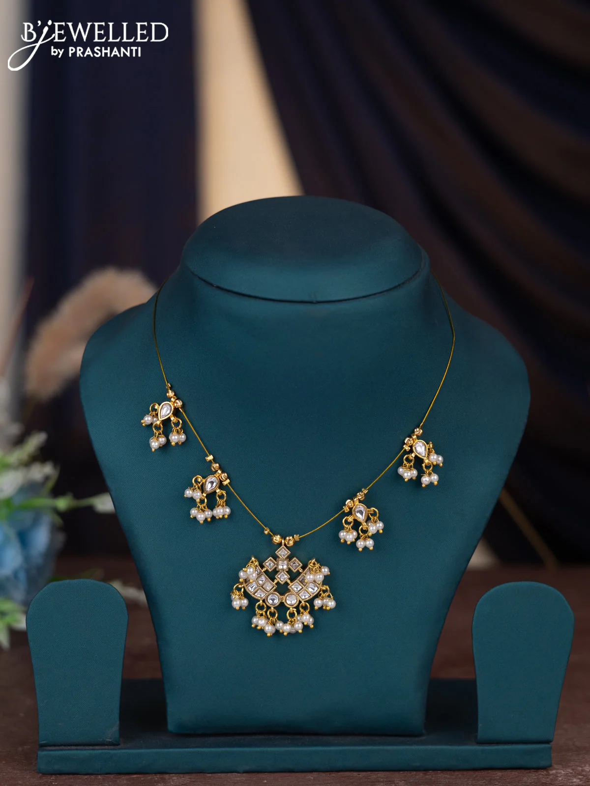 Invisible chain with kundan stones and pearl hangings without earring