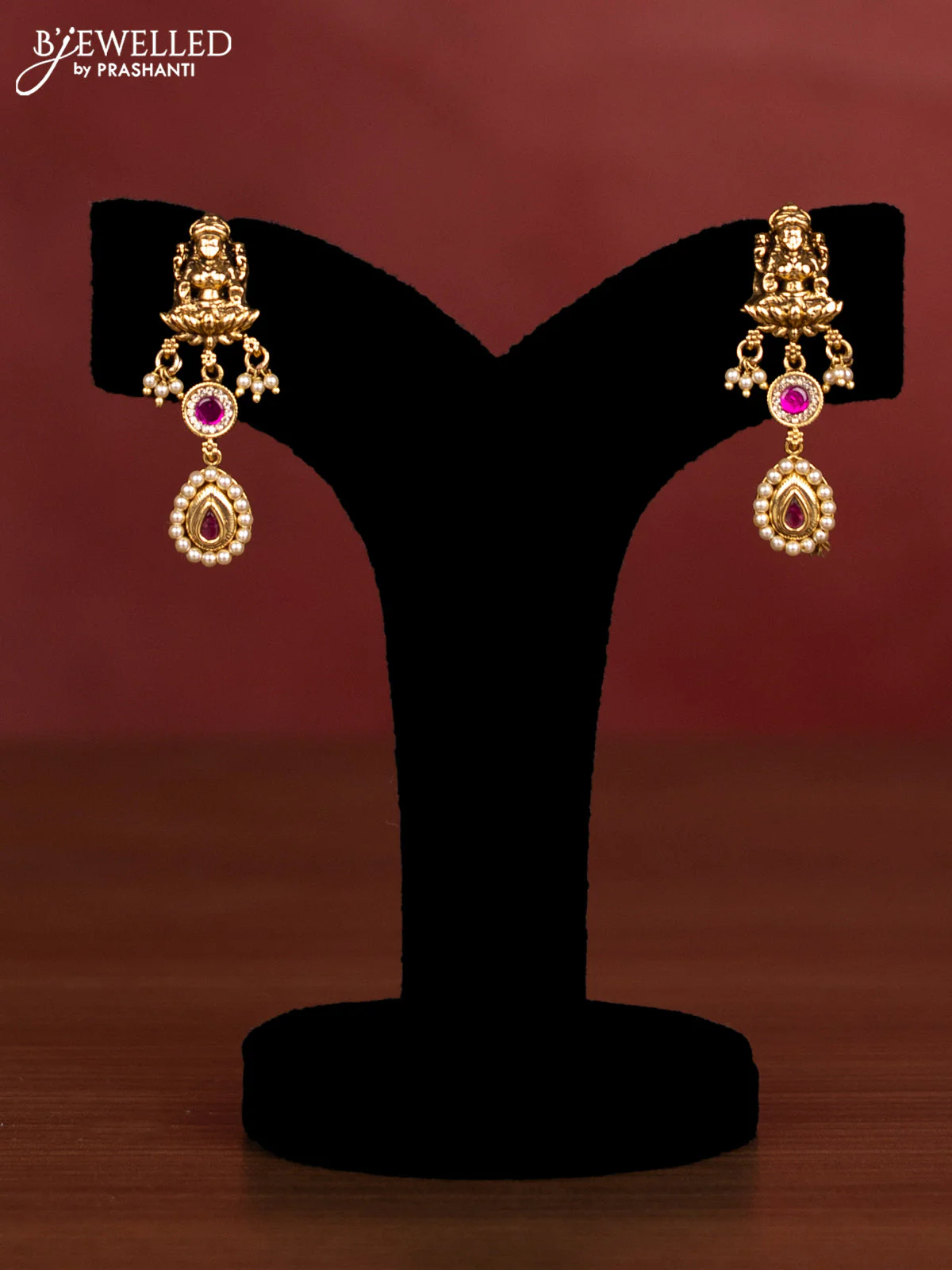 Jadau beade haaram lakshmi pendant with pink jadau stones and hangings - Image 2