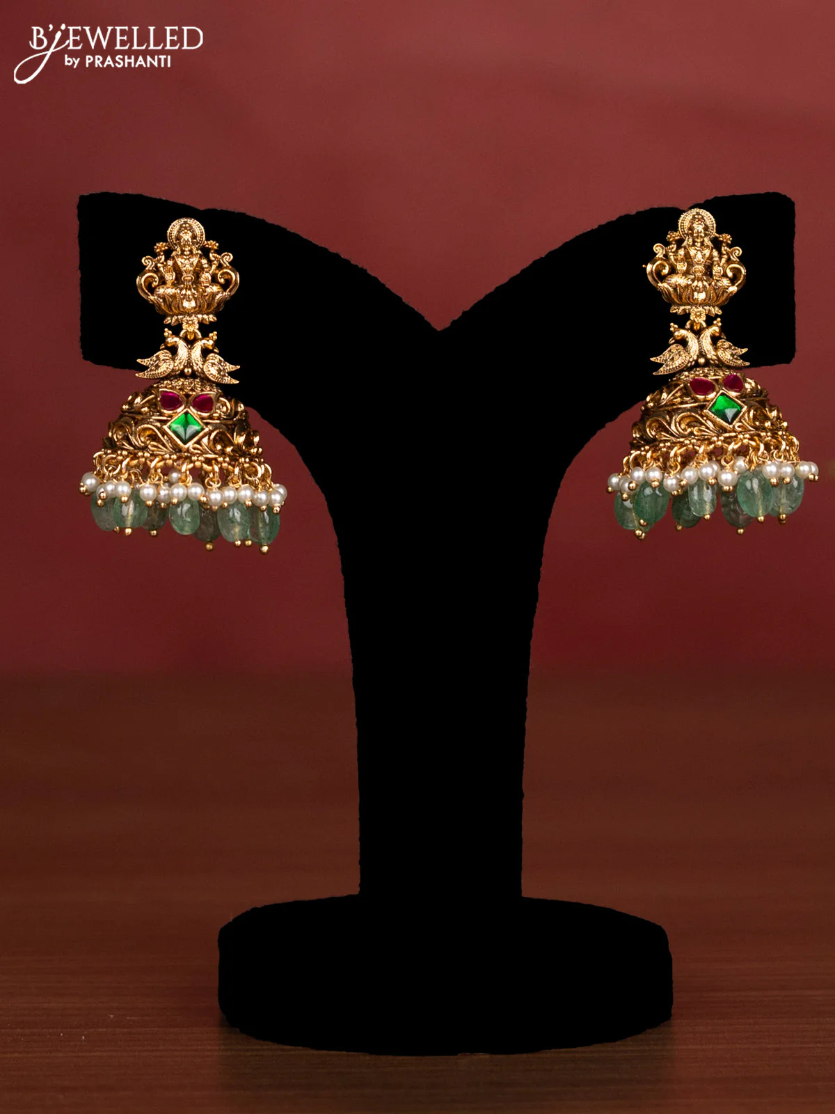 Jadau beaded haaram lakshmi pendant with jadau kemp stones and pearl & green beads hanging - Image 2