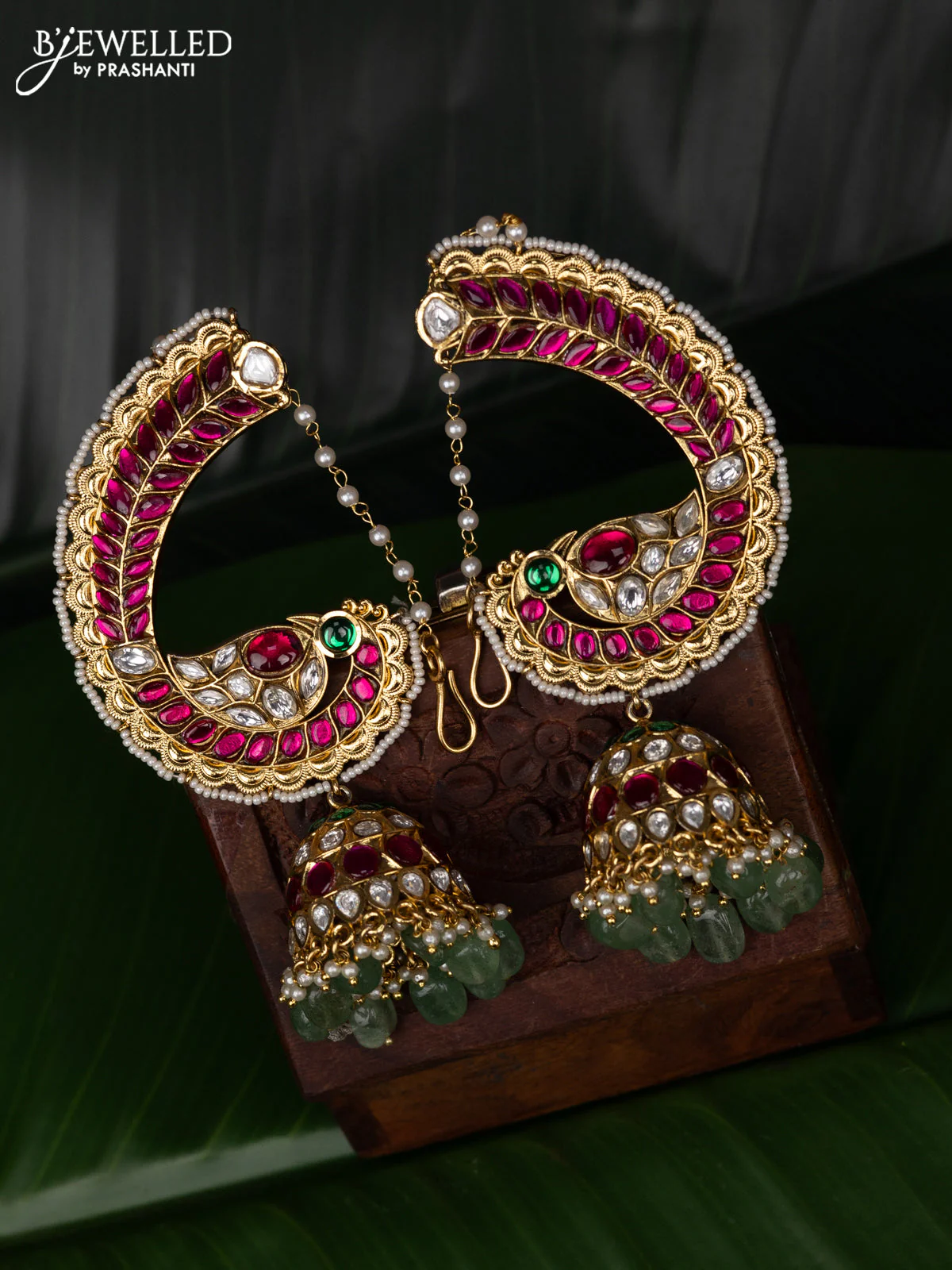 Jadau earcuff jhumka peacock design with jadau kundan stones and pearl & beads hanging with mattal