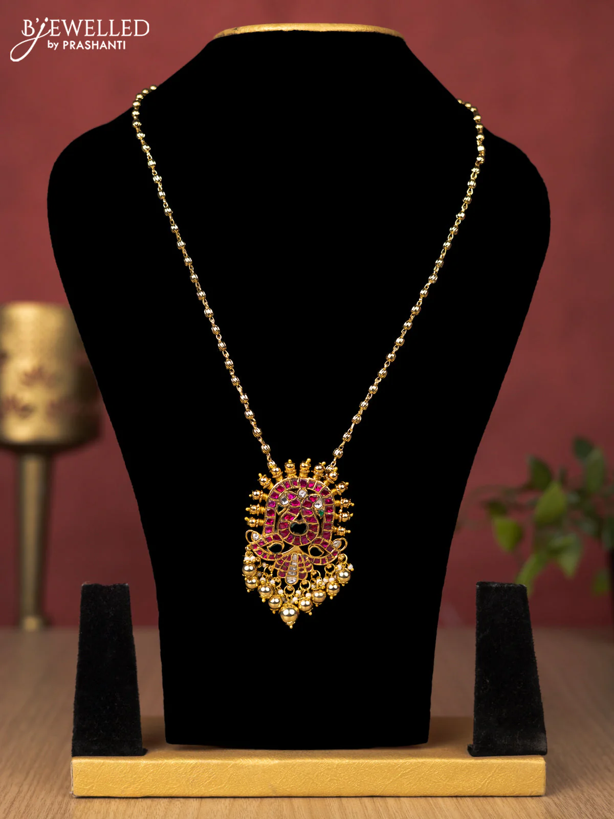 Jadau haaram double peacock design with jadau kundan stones with pearl and golden beads hanging without earrings