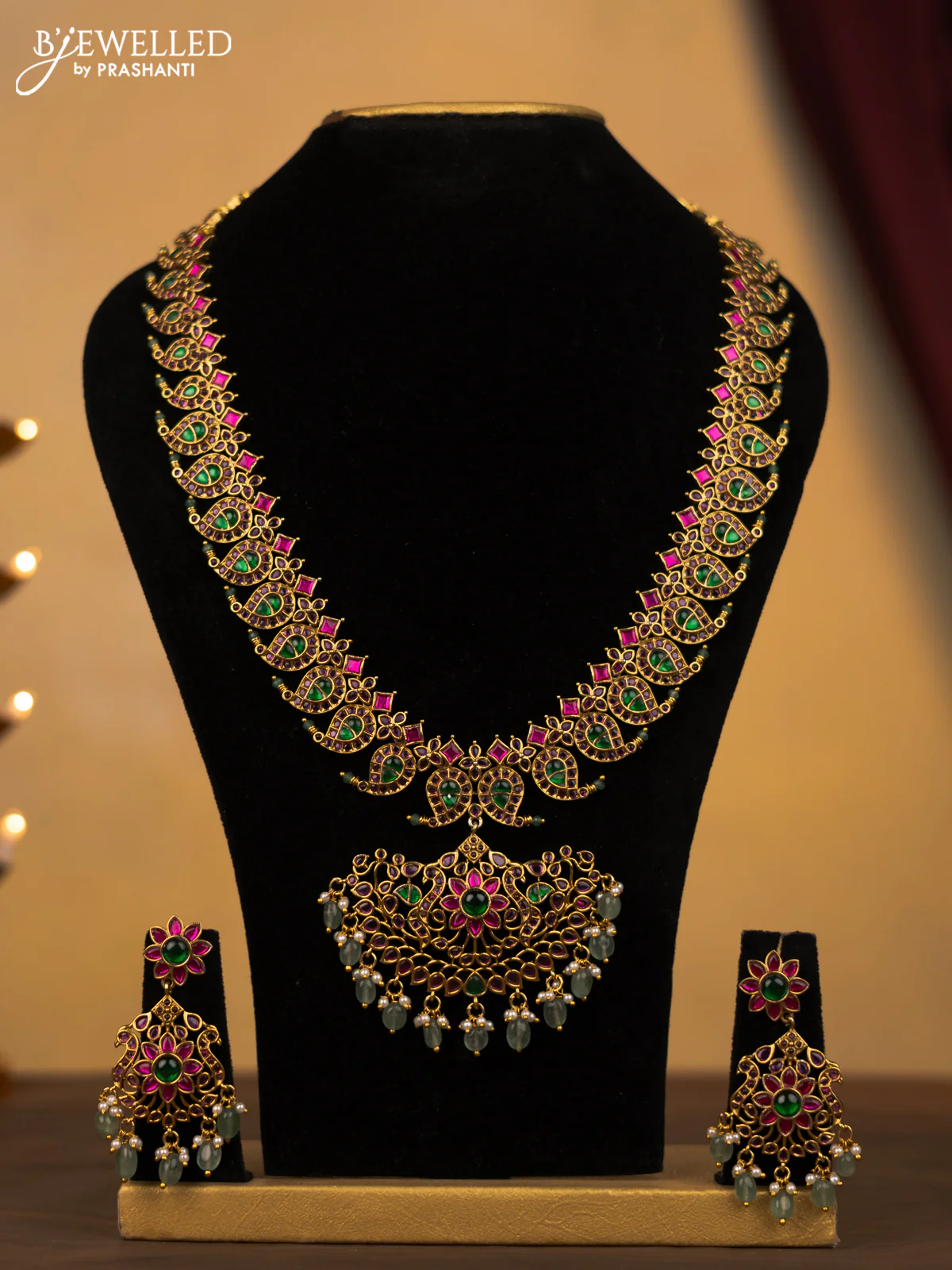 Jadau haram maanga design jadau and kemp stones with green beads and pearl hangings