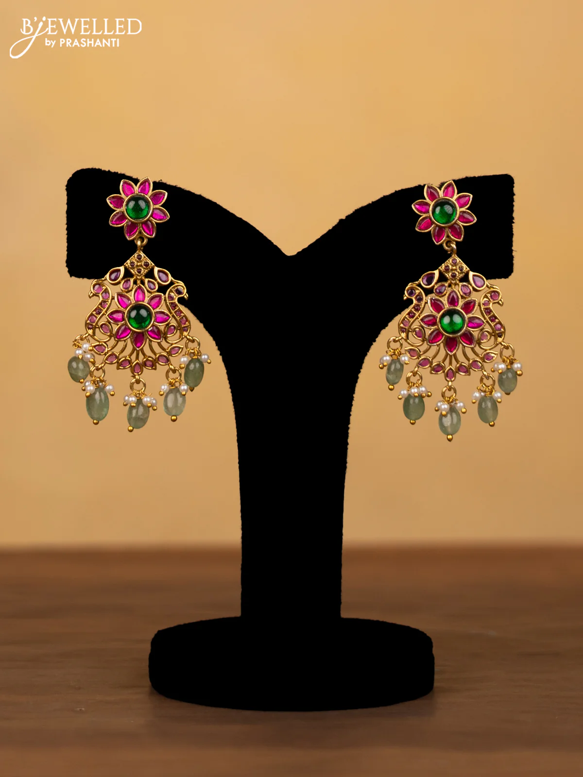 Jadau haram maanga design jadau and kemp stones with green beads and pearl hangings - Image 2