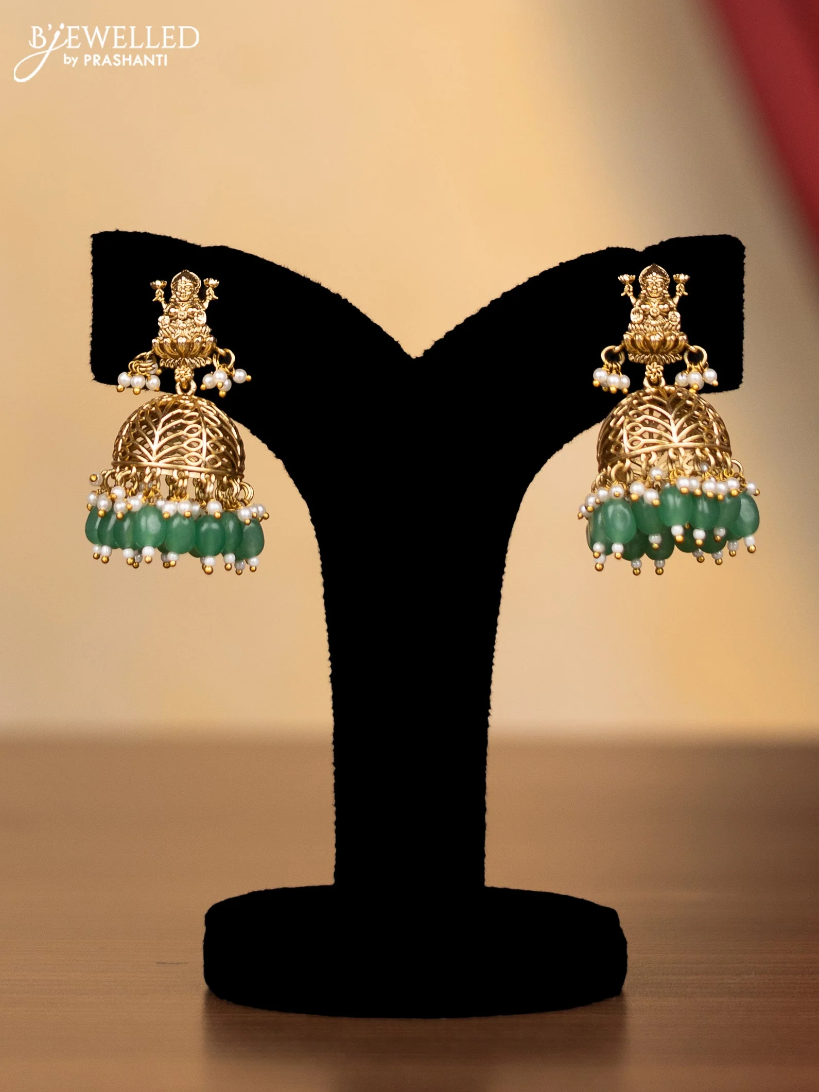 Jadau haram peacock design with jadau kundan stones and perals & green beads hangings - Image 2