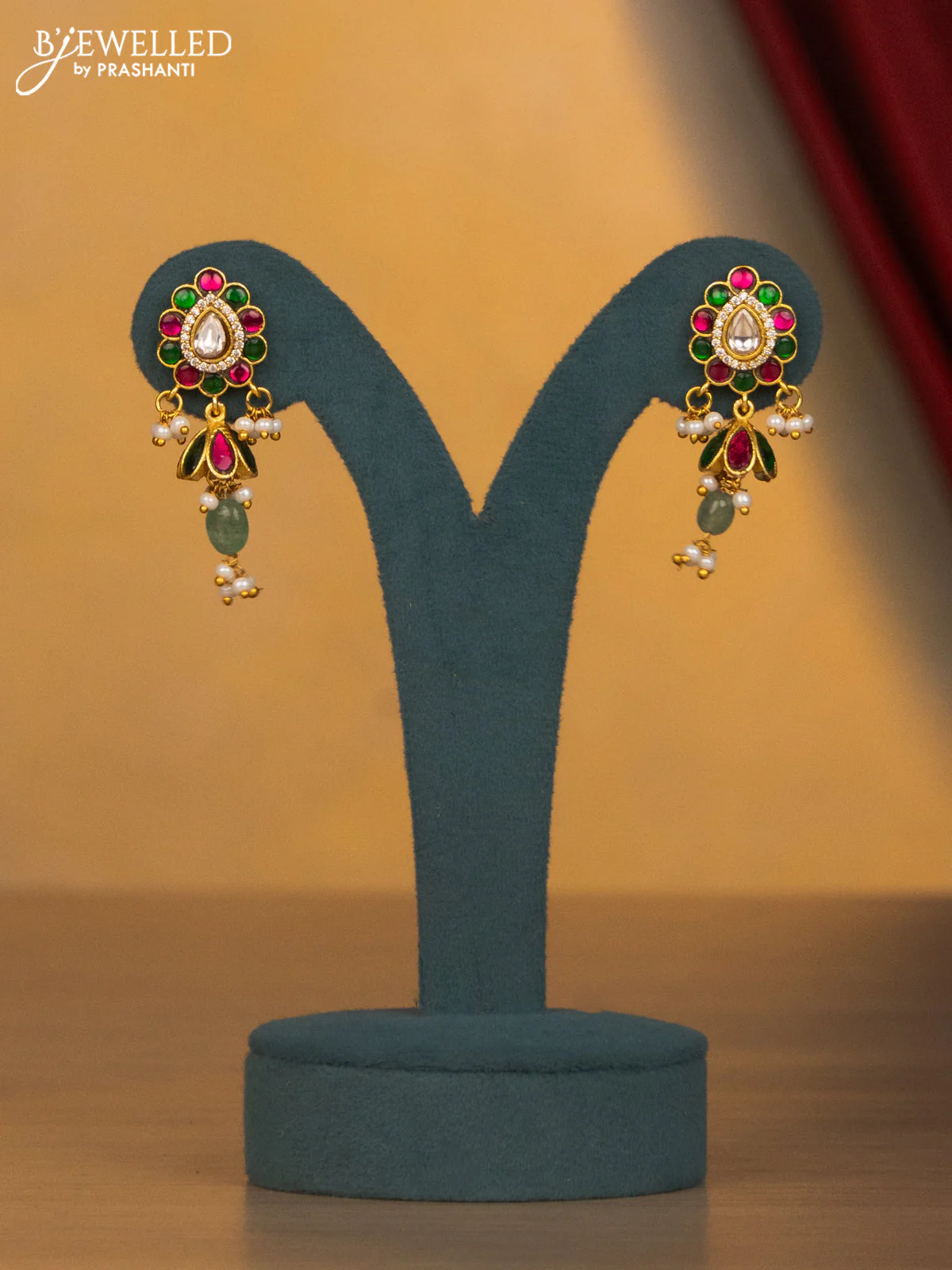 Jadau necklace floral design with jadau kundan stone and green beads & pearl hangings - Image 2