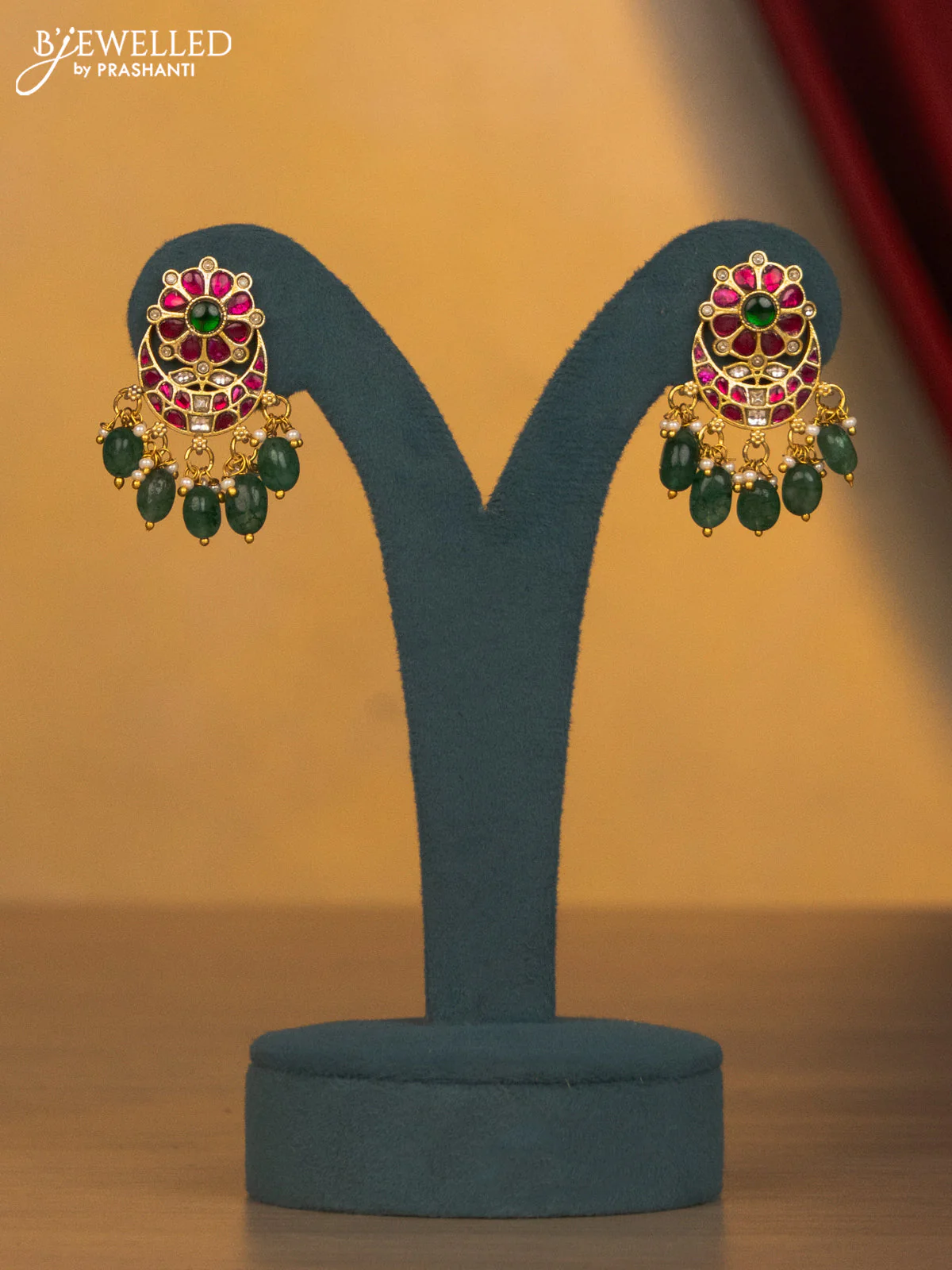 Jadau necklace floral design with jadau kundan stone and green beads & pearl hangings - Image 2