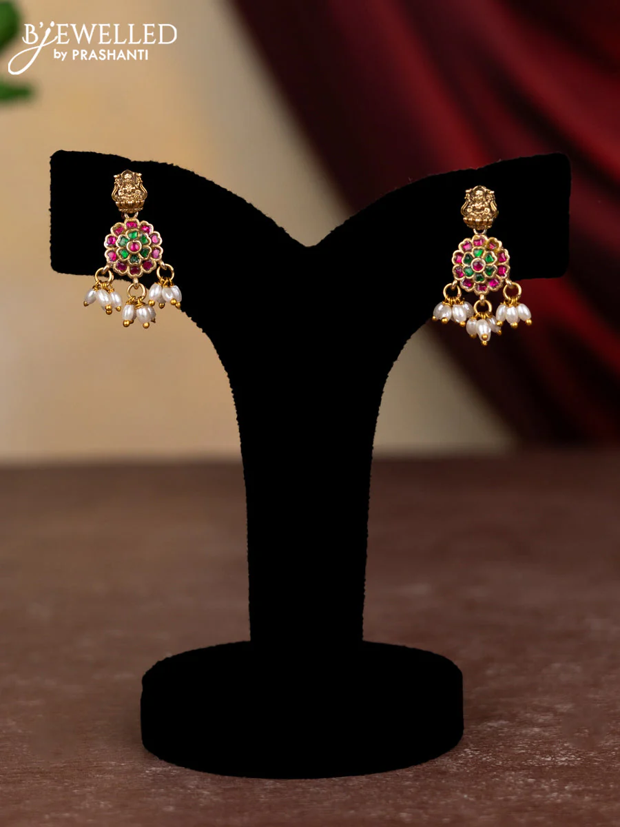 Jadau necklace floral design with jdadu kundan stones and pearl hangings - Image 2