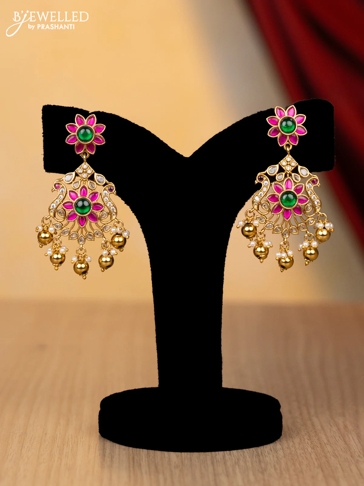 Antique necklace manga pattern with jadau cz stones and pearl & golden beads hanging - Image 2