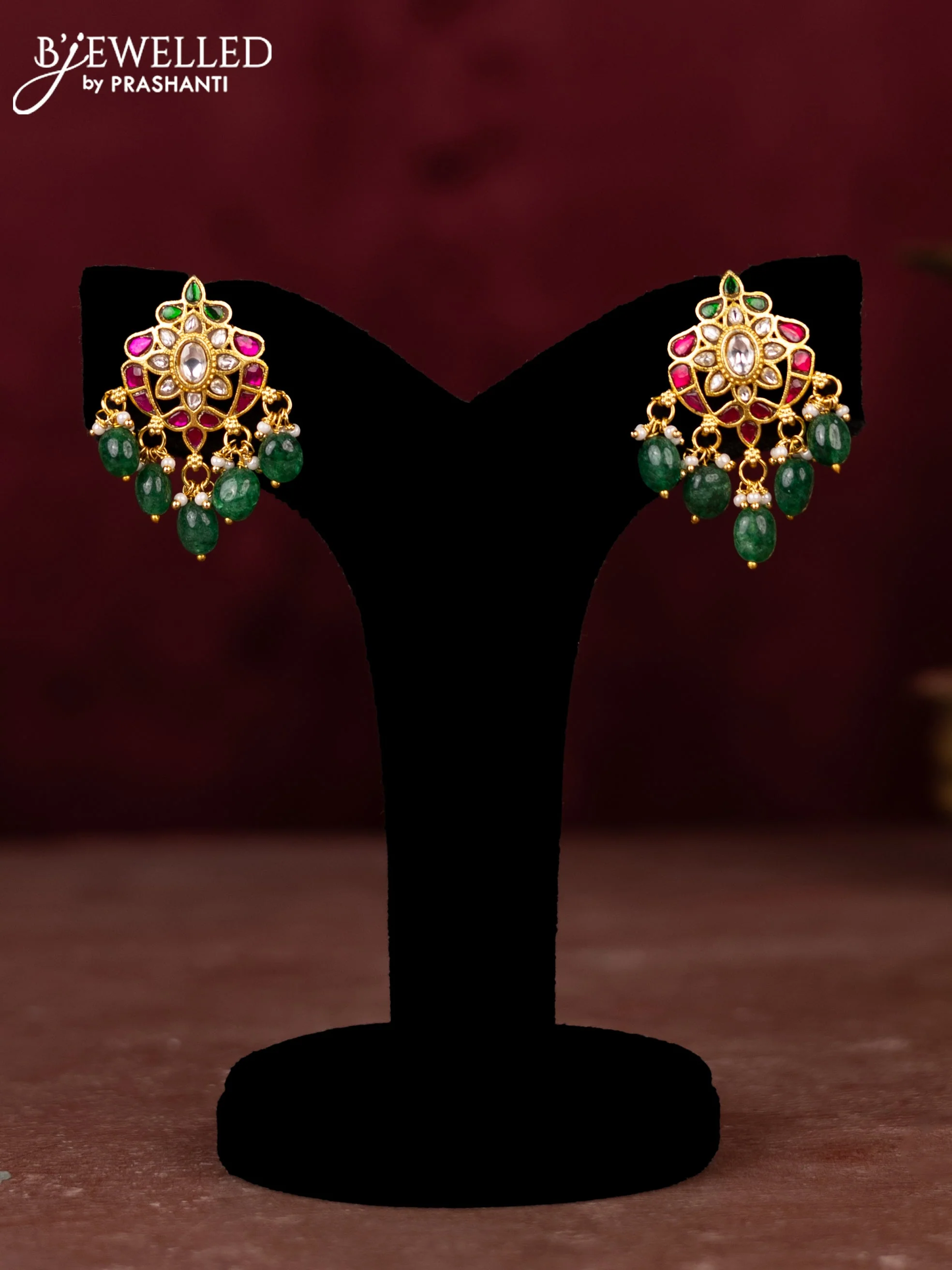 Jadau necklace peacock design with jadau kundan stones and pearl & mint green beads hangings - Image 2