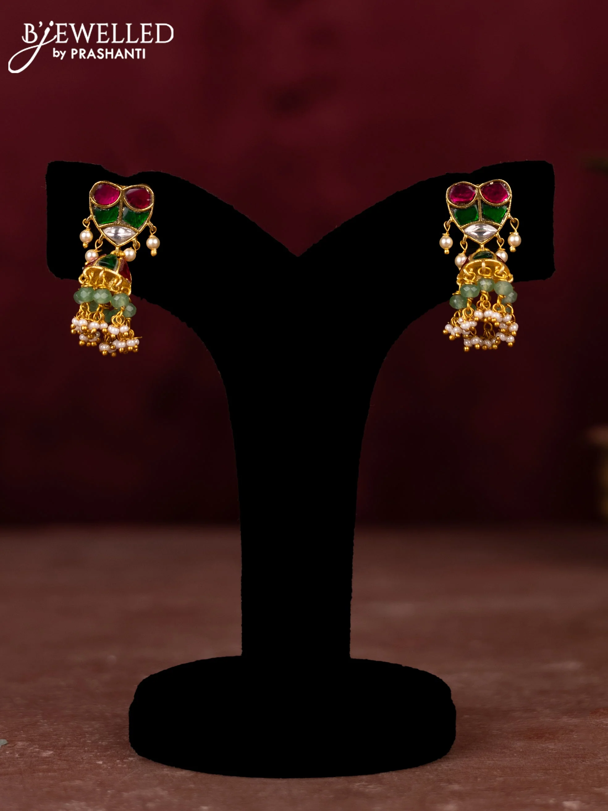 Jadau necklace peacock design with jadau kundan stones and pearl & mint green beads hangings - Image 2