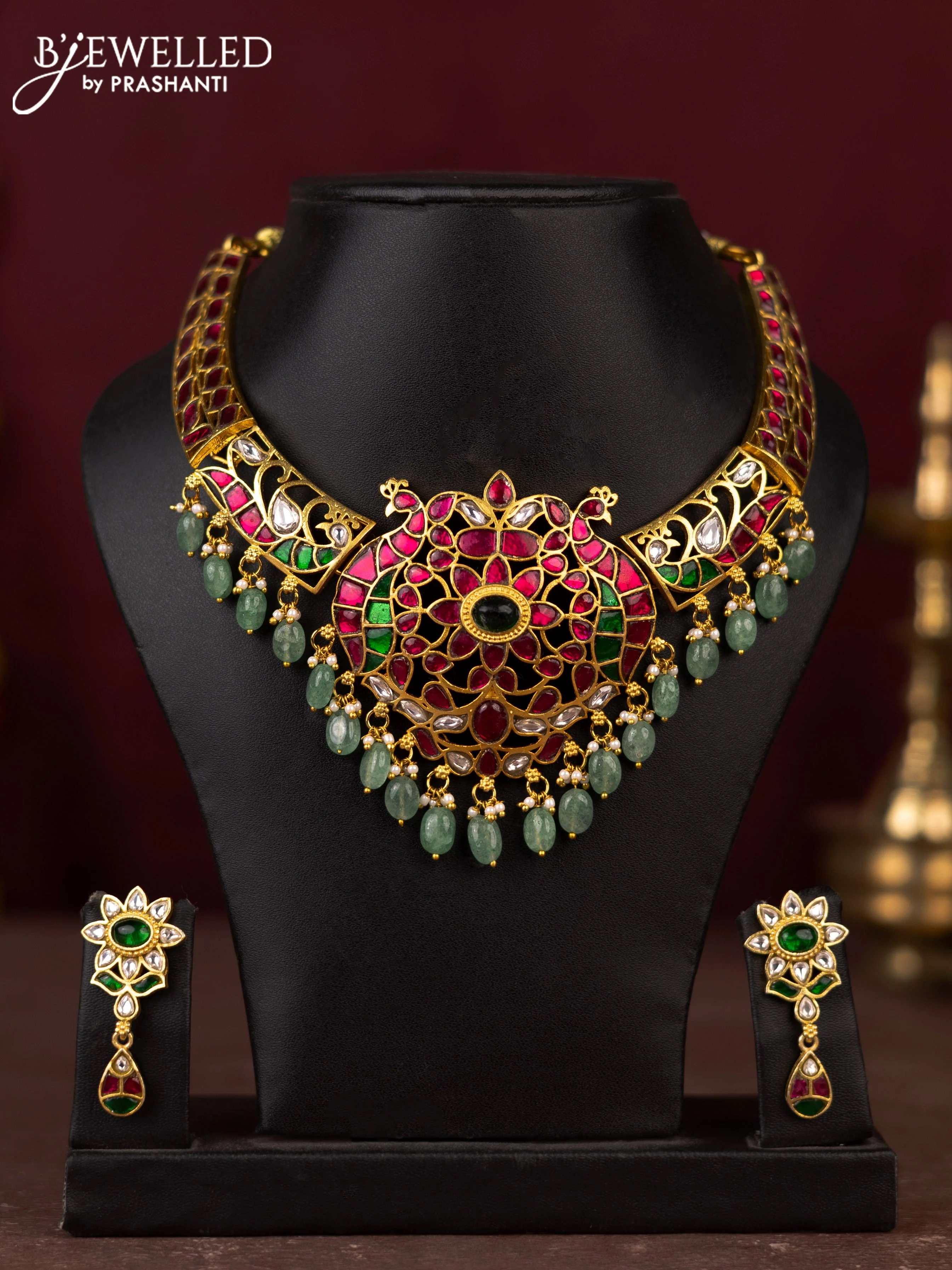 Jadau necklace peacock design with jadau kundan stones and pearl & mint green beads hangings