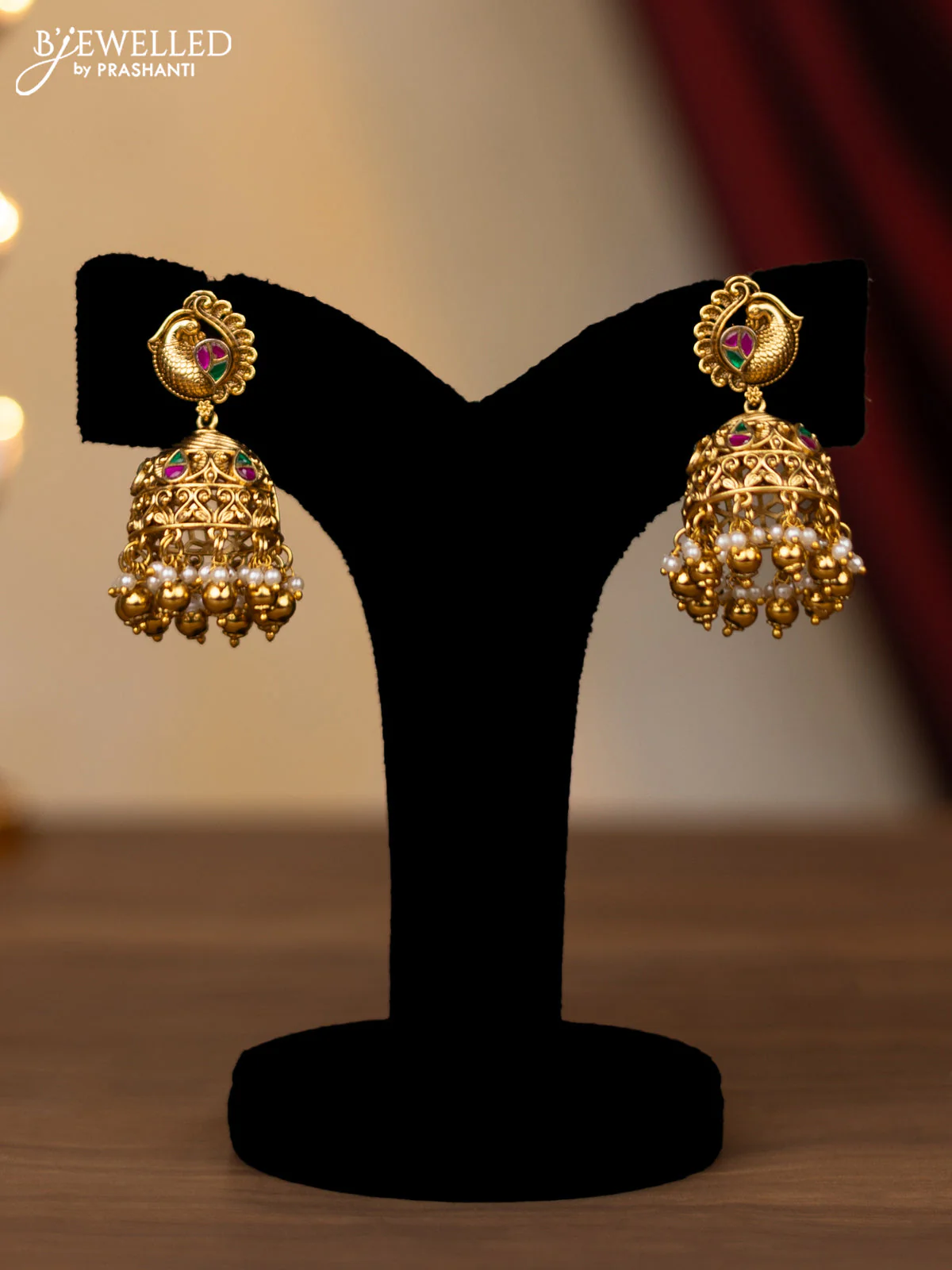 Antique necklace peacock design with jadau stones and pearl & golden beads hanging - Image 2