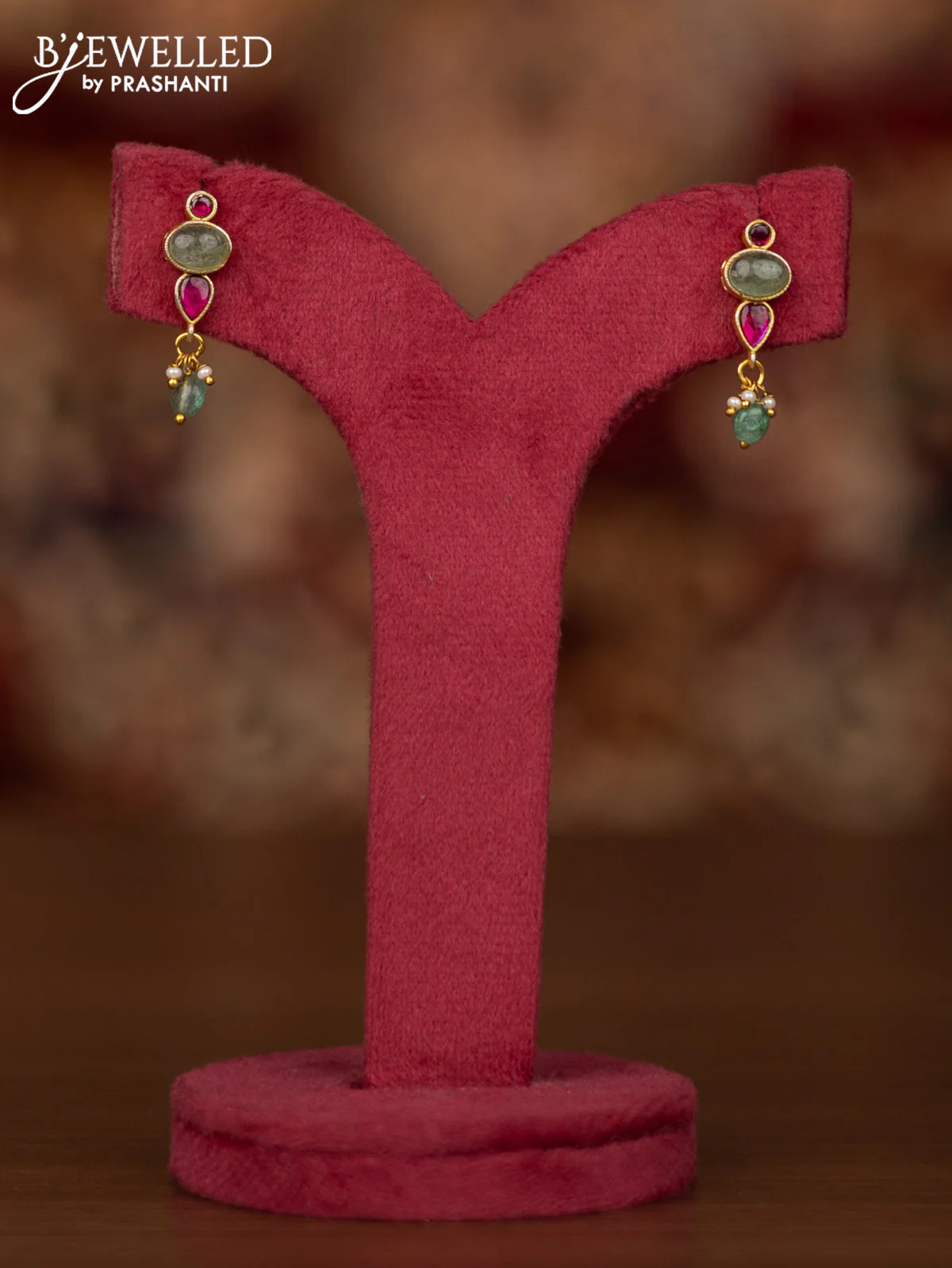 Jadau necklace with pink jadau & mint green stones and beads hangings - Image 2