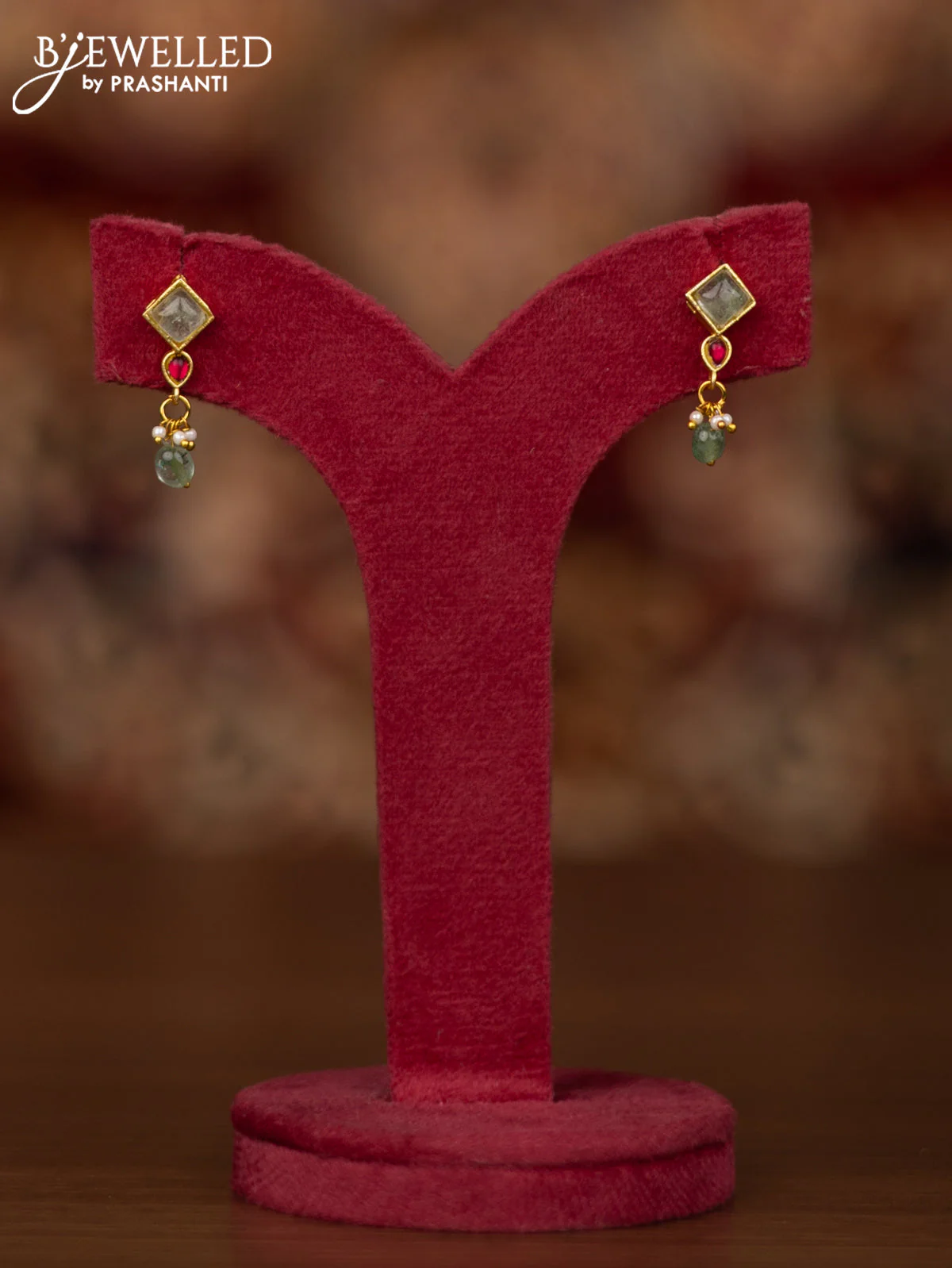 Jadau necklace with pink jadau & mint green stones and beads hangings - Image 2