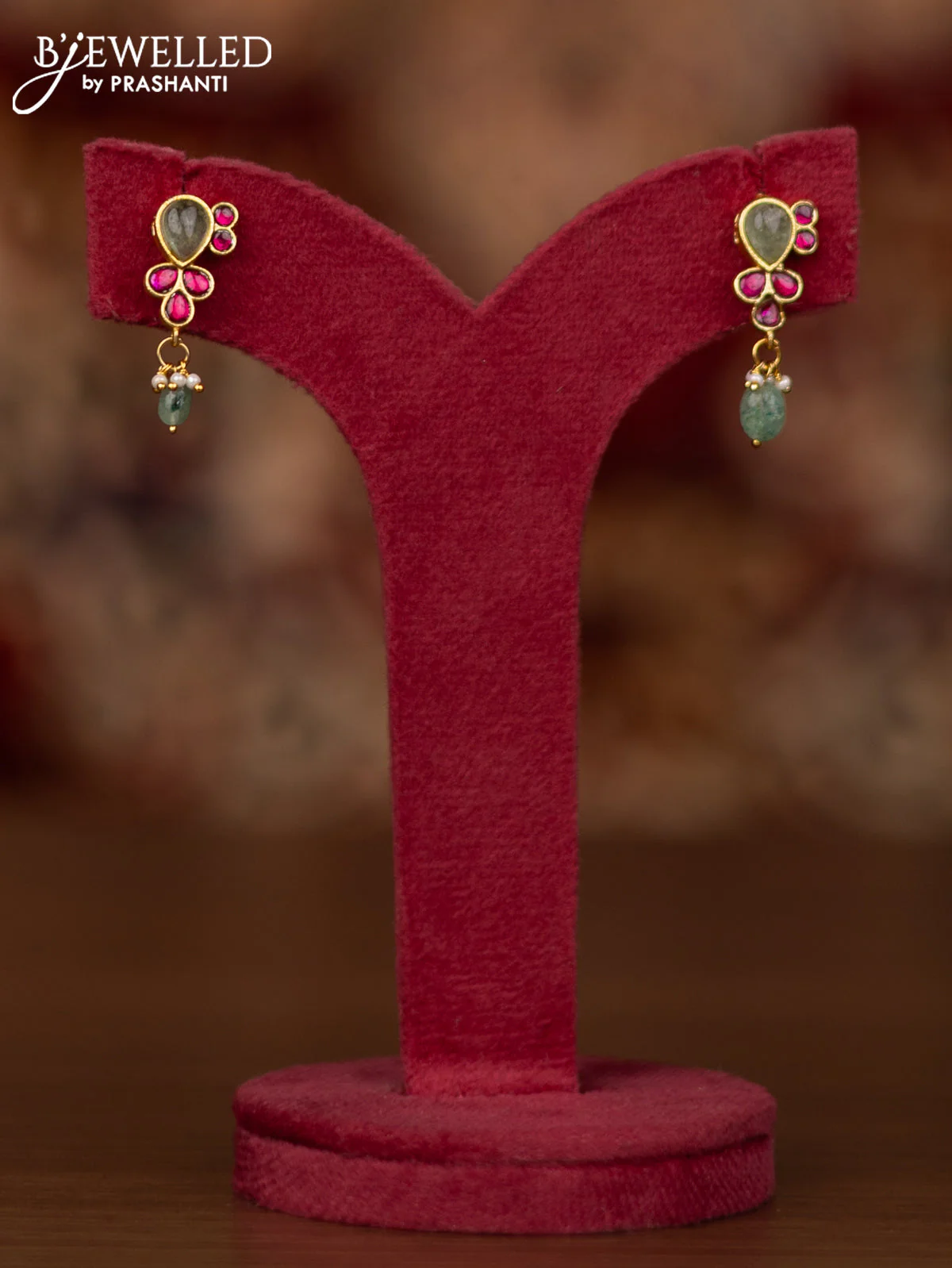 Jadau necklace with pink jadau & mint green stones and beads hangings - Image 2