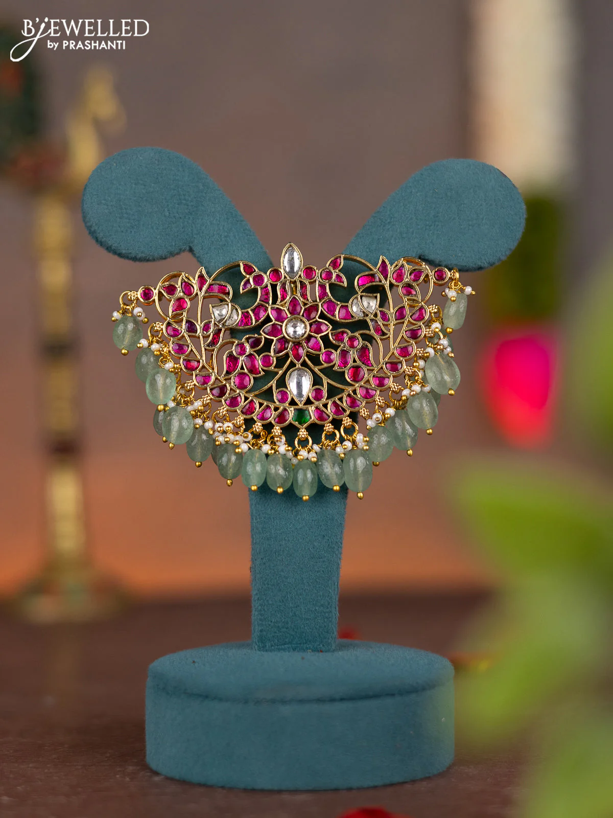 Jadau pendant double peacock design with jadau kundan stones and pearl & natural beads hanging