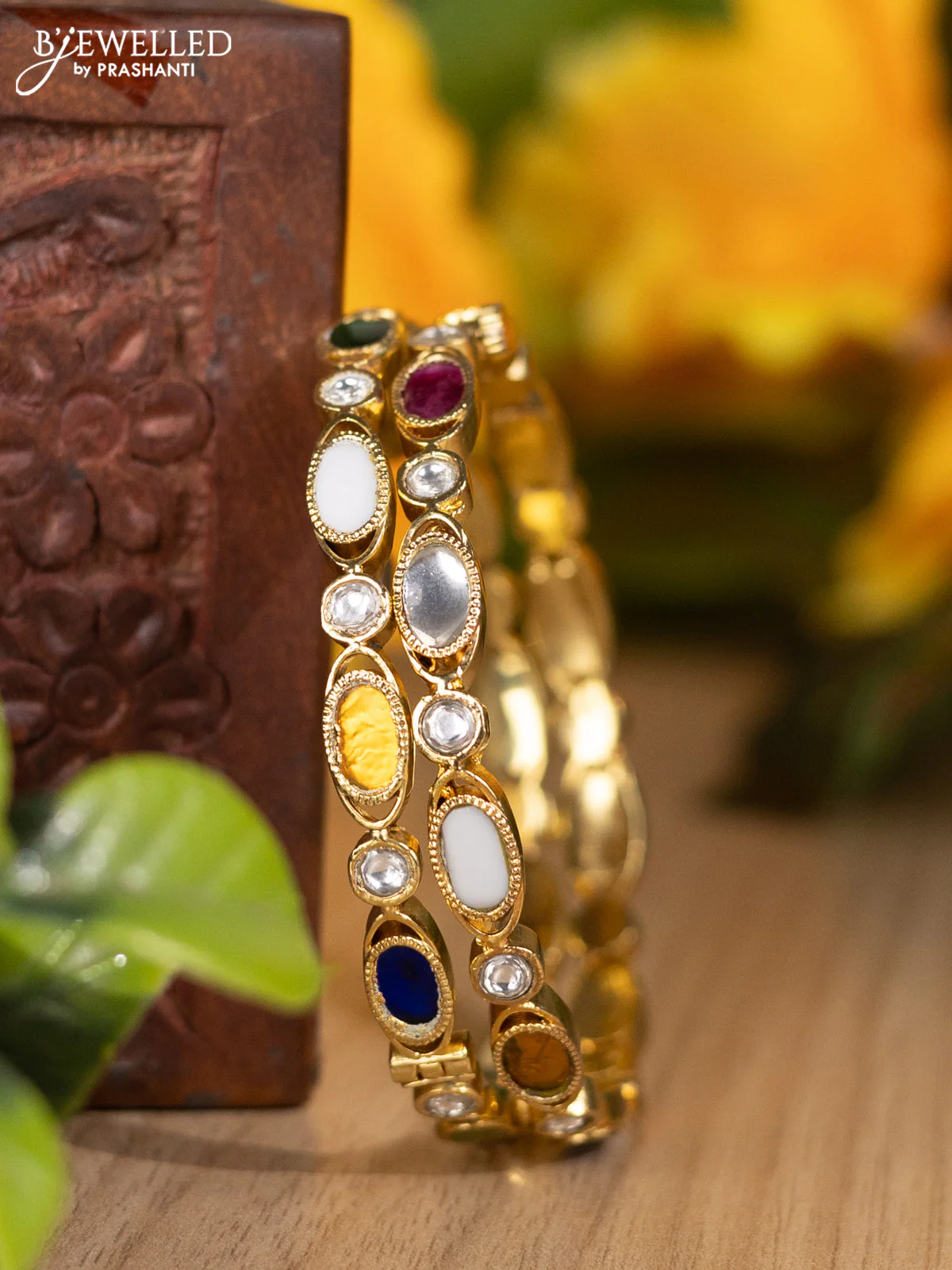 Jadau screw type bangles with jadau multicolour and kundan stones