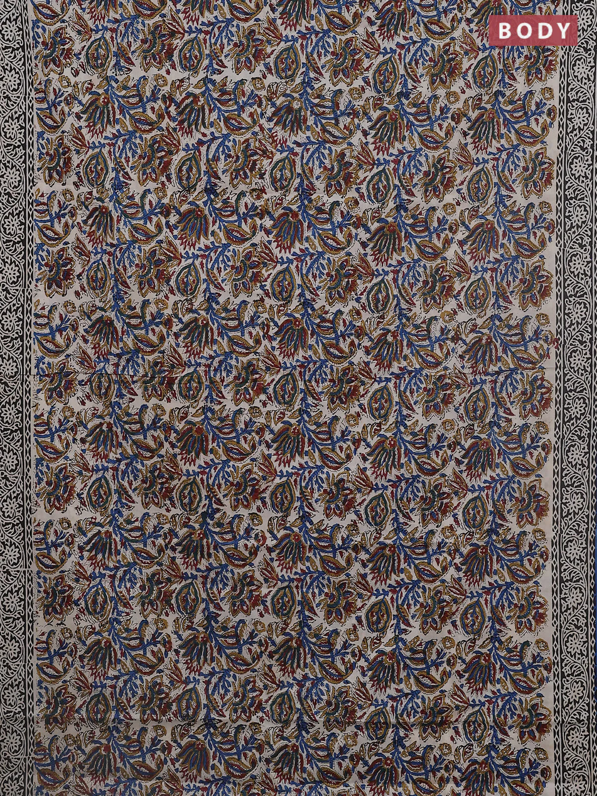Jaipur cotton saree beige and black blue with allover kalamkari prints and printed border - Image 2