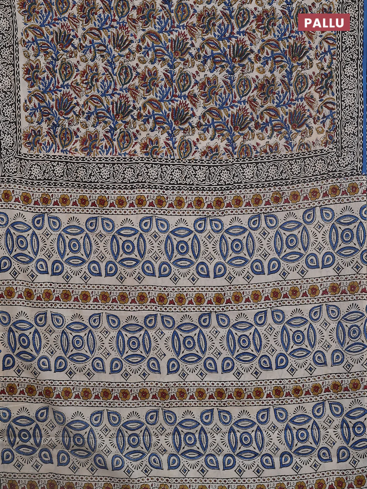 Jaipur cotton saree beige and black blue with allover kalamkari prints and printed border - Image 3