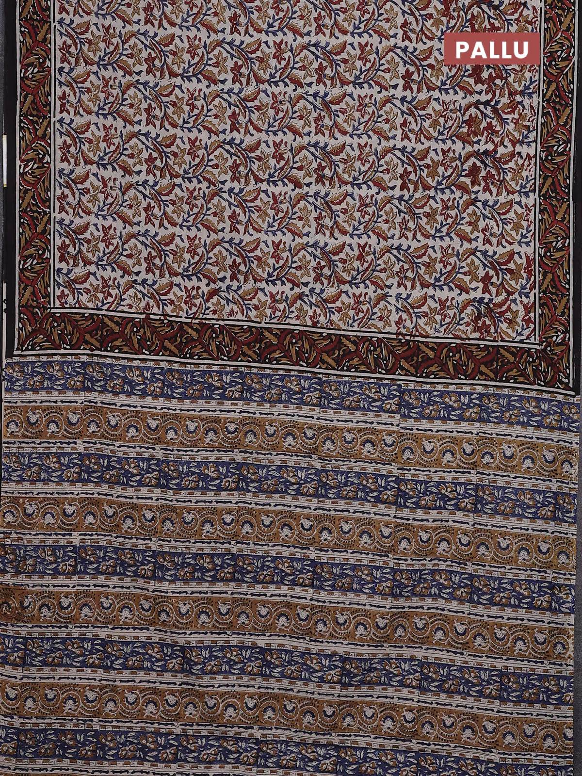 Jaipur cotton saree beige and black with allover kalamkari prints and printed border - Image 3