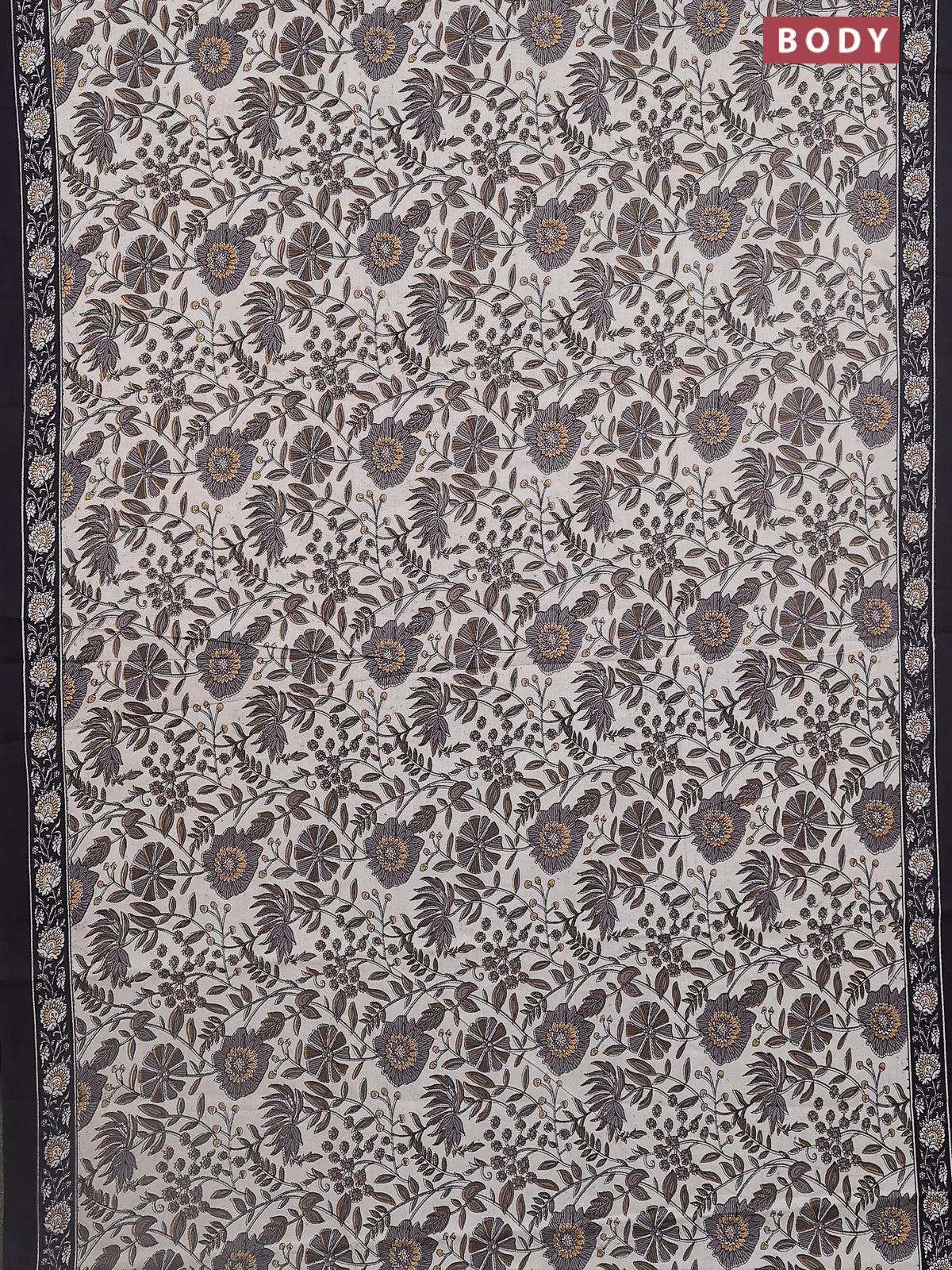 Jaipur cotton saree beige and black with allover prints and printed border - Image 2