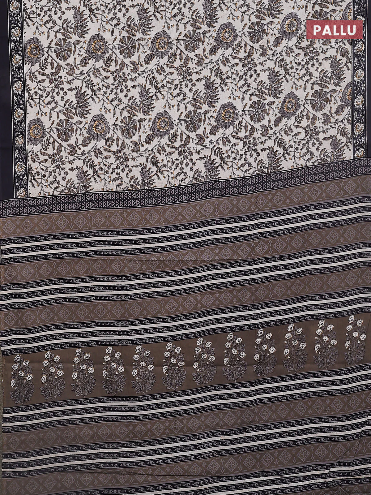 Jaipur cotton saree beige and black with allover prints and printed border - Image 3